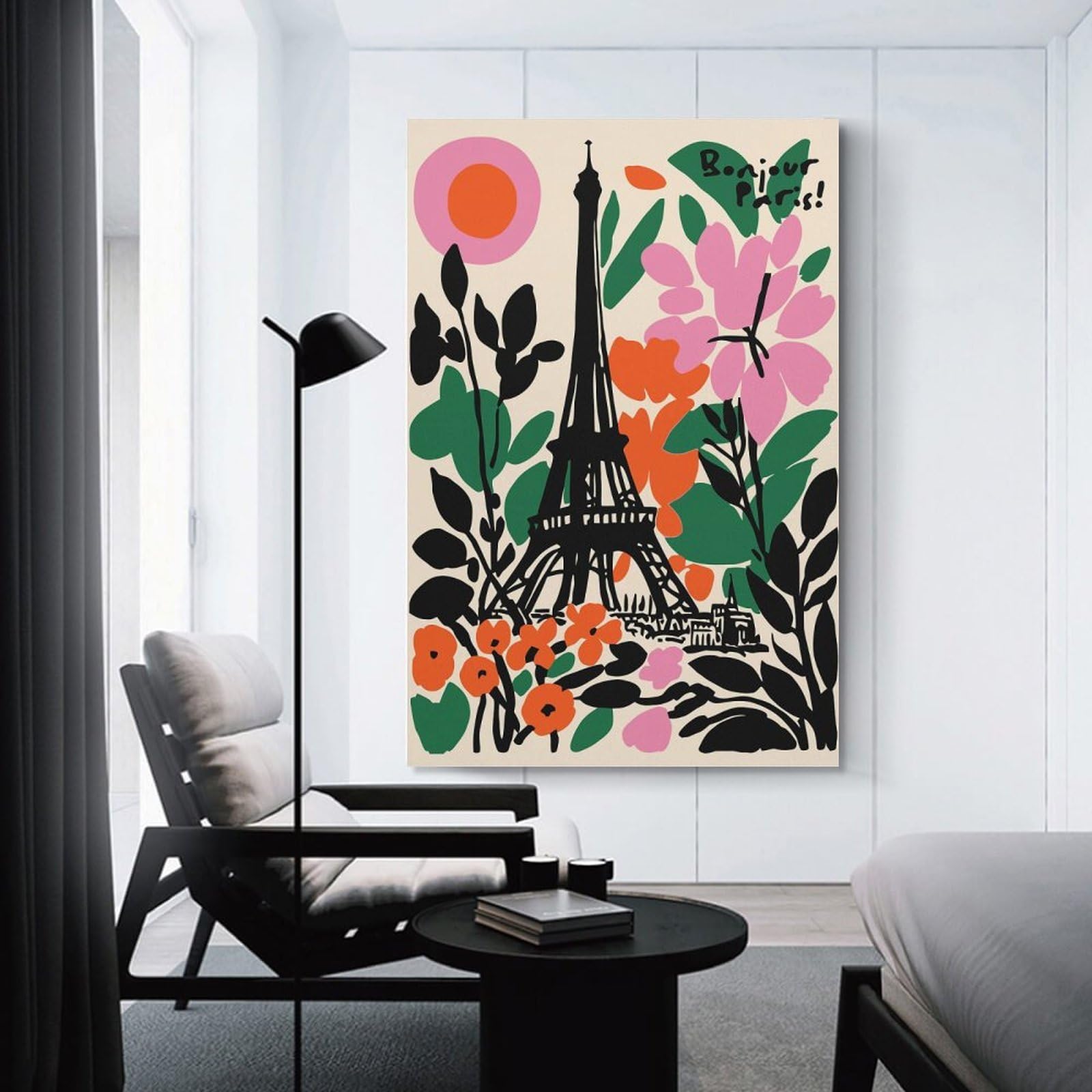 Bonjour Paris Eiffel Tower Floral Art Room Decor Wall Art 24x36inch(60x90cm), for Wall Displays, Bedrooms Or Room Updates, Ideal for Building A Coordinated Art Wall