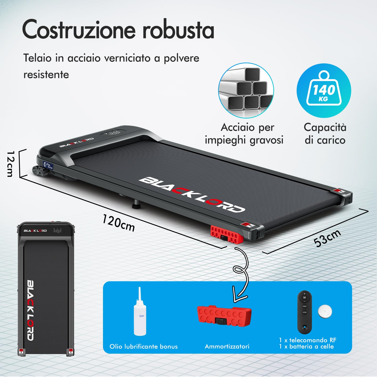 BLACK LORD Tapis roulant, Walking pad 9/12/16 km/h, Tappetino da corsa con/senza inclinazione del 9%, Sotto la scrivania, Portatile, Silenzioso, Display LED, Controllo tramite App, 120/130/140 kg