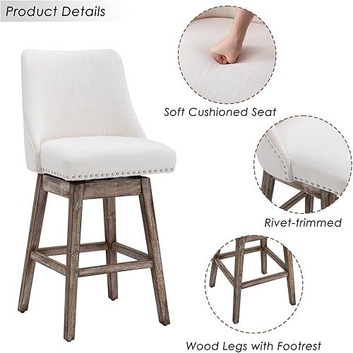 Miniatura 4 de Janoray Juego de 2 taburetes de bar de altura de mostrador, de tela de lino, modernos de mediados de siglo, con respaldo y patas de madera, cómodas