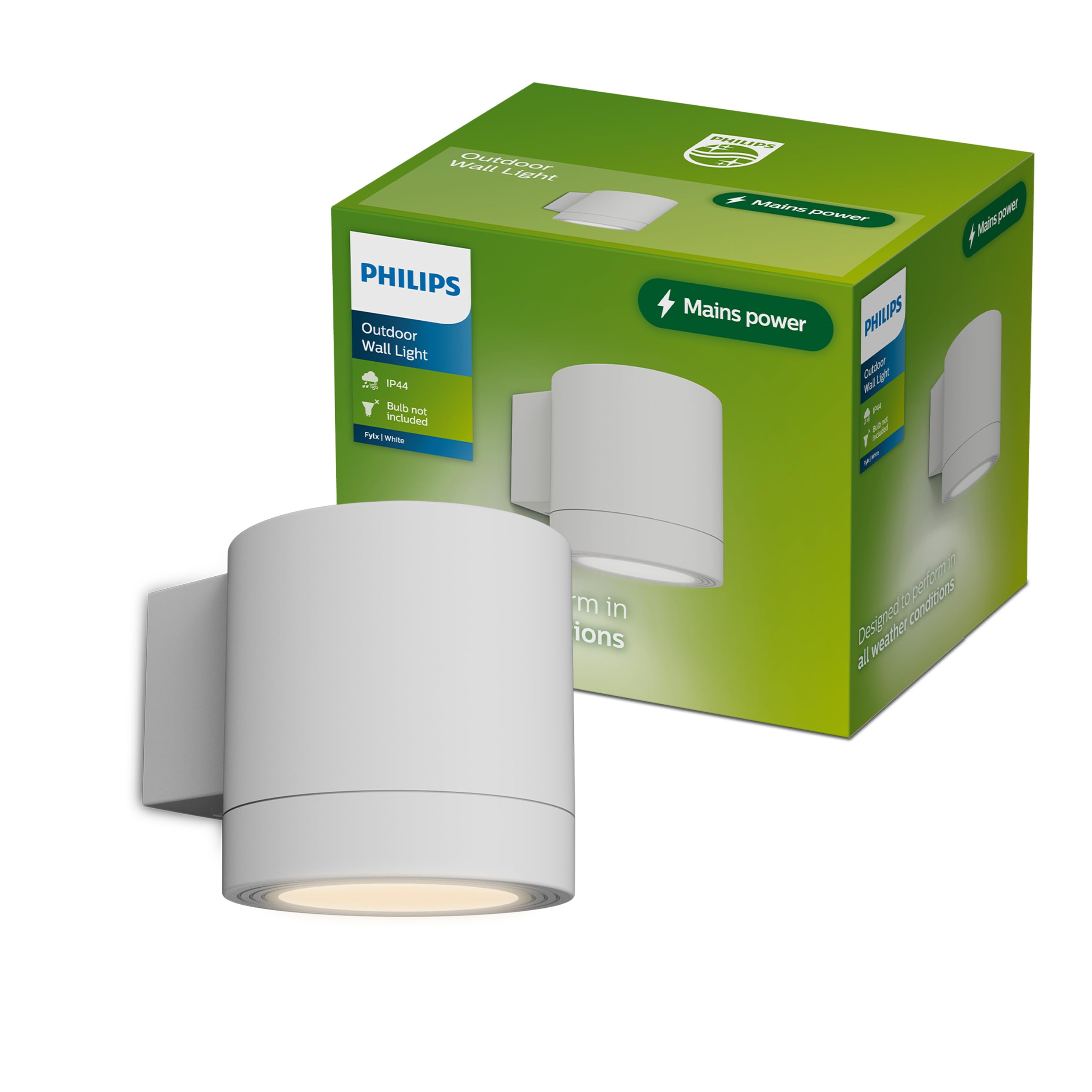 Philips Fylx Outdoor Wall Light + GU10 LED Bulb,Warm White Light, IP44 Weather-Resistant, Durable, Aluminum, Modern Design, White