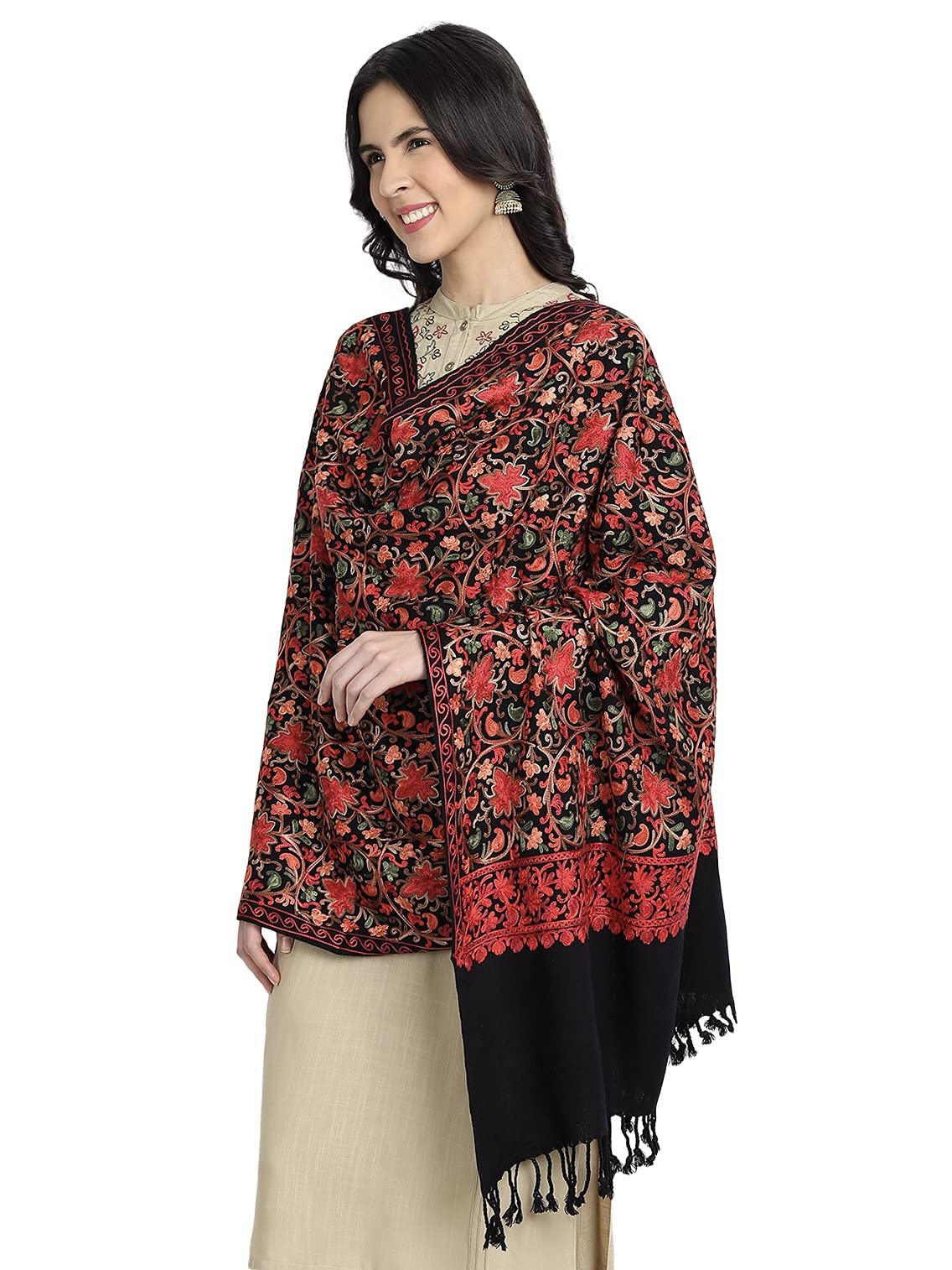 ZamourKashmir Women Stole Scarf Wrap Shawl with Indian Embroidery Flower - 6387