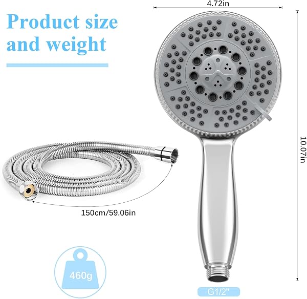 Vinabo Pommeau de Douche avec 1,5m Tuyau - Douchette Tête Réglable à Haute Pression - ABS Chromé - Poignée Ergonomique et Buse en Silicone Auto-nettoyante - Pommeau Douche Grande - 3