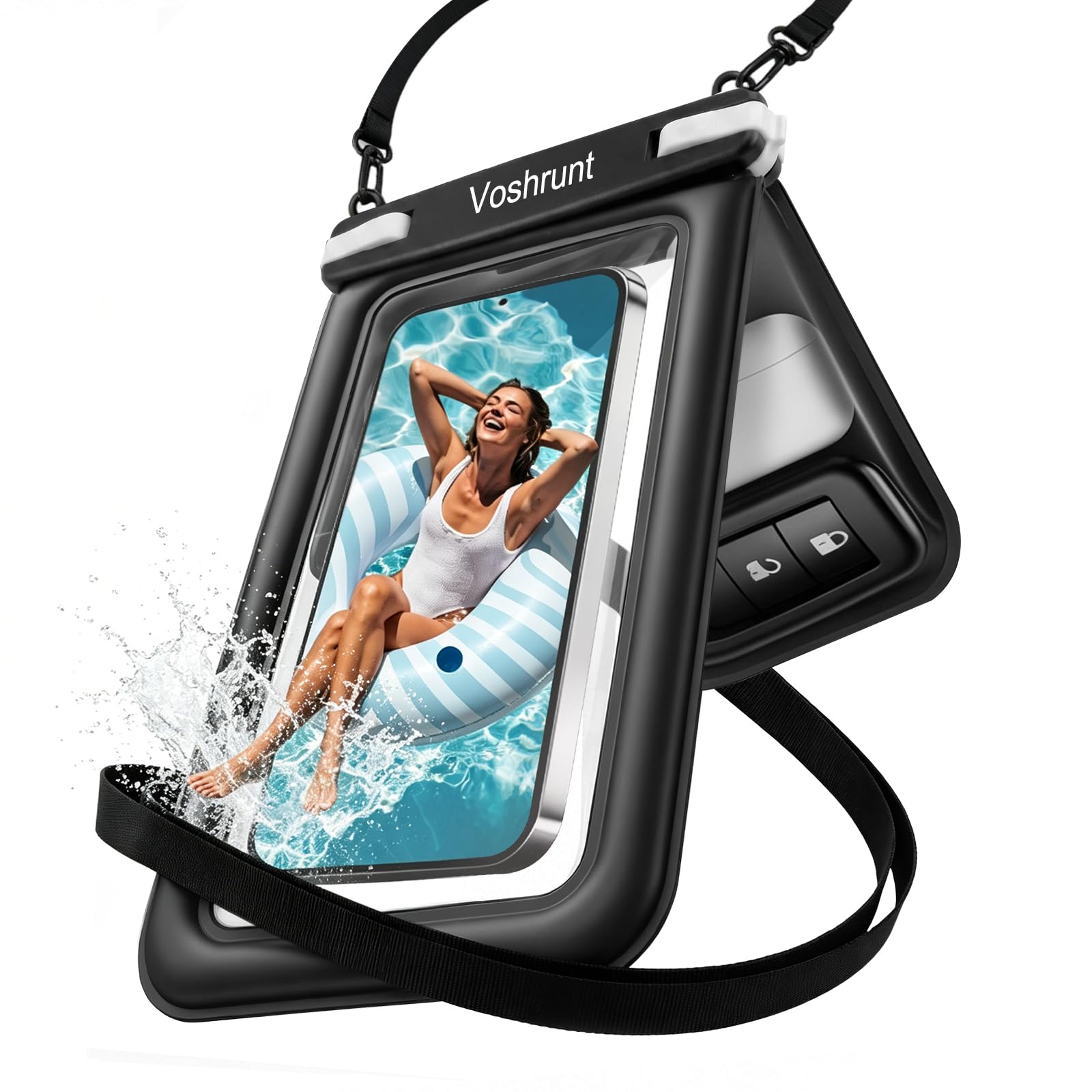 【2026年最新エアーで水に浮くダブルポケットのスマホ防水ケース】 スマホポーチ IPX8 完全防水 SGS認証 携帯防水ケース カバー バッグ 雨 小物 収納 水中タッチ対応 パック プール ぼうすい 撮影 顔認証 通話 アイホン 両手解放 ストラップ付き 首かけ お風呂 海水浴 水泳 潜水 温泉 ブラック