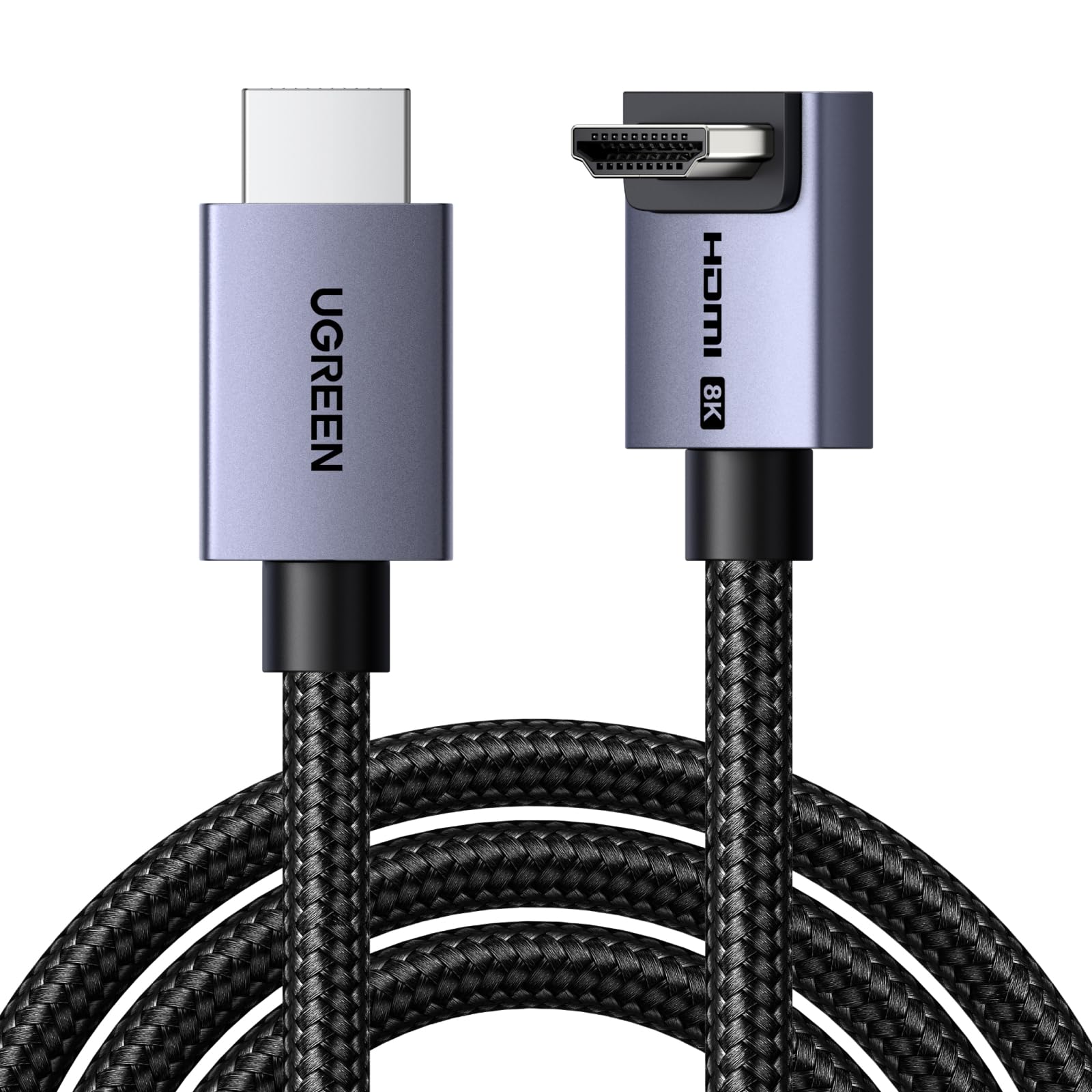 UGREEN 8K Câble HDMI 2.1 Coudé 90° 10K 8K 60Hz 4K 240Hz Haute Vitesse 48Gbps Cordon HDMI Aluminium Dynamic HDR Dolby Atmos HDCP Tressé en Nylon Compatible avec PS5 4 Xbox MacBook Pro Blu Ray HDTV (2M)