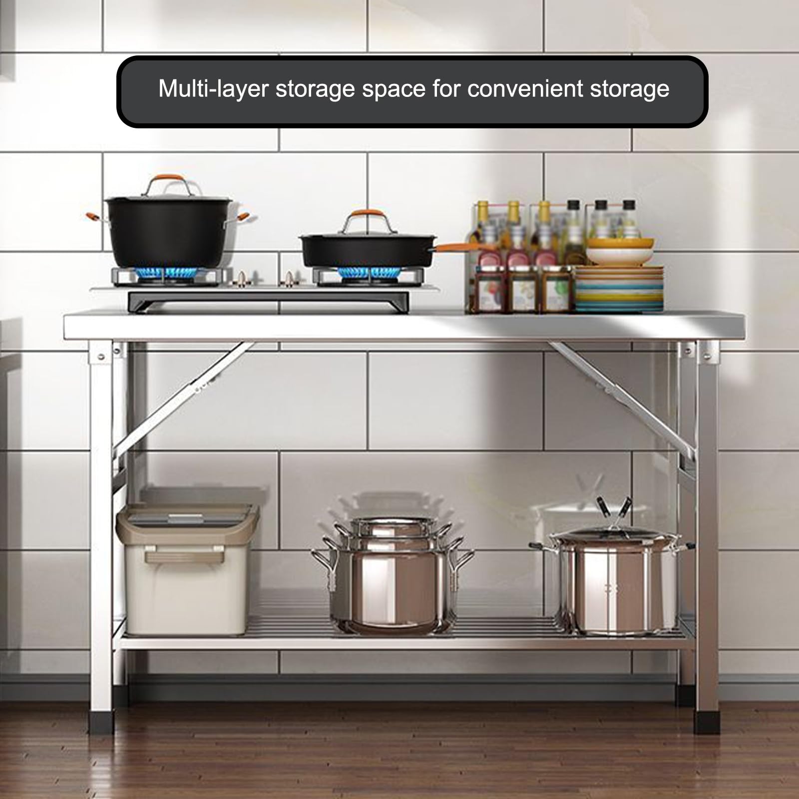 Mesa de trabajo de acero inoxidable con estante inferior, mesa de preparación comercial plegable para cocinas profesionales, restaurantes y uso doméstico