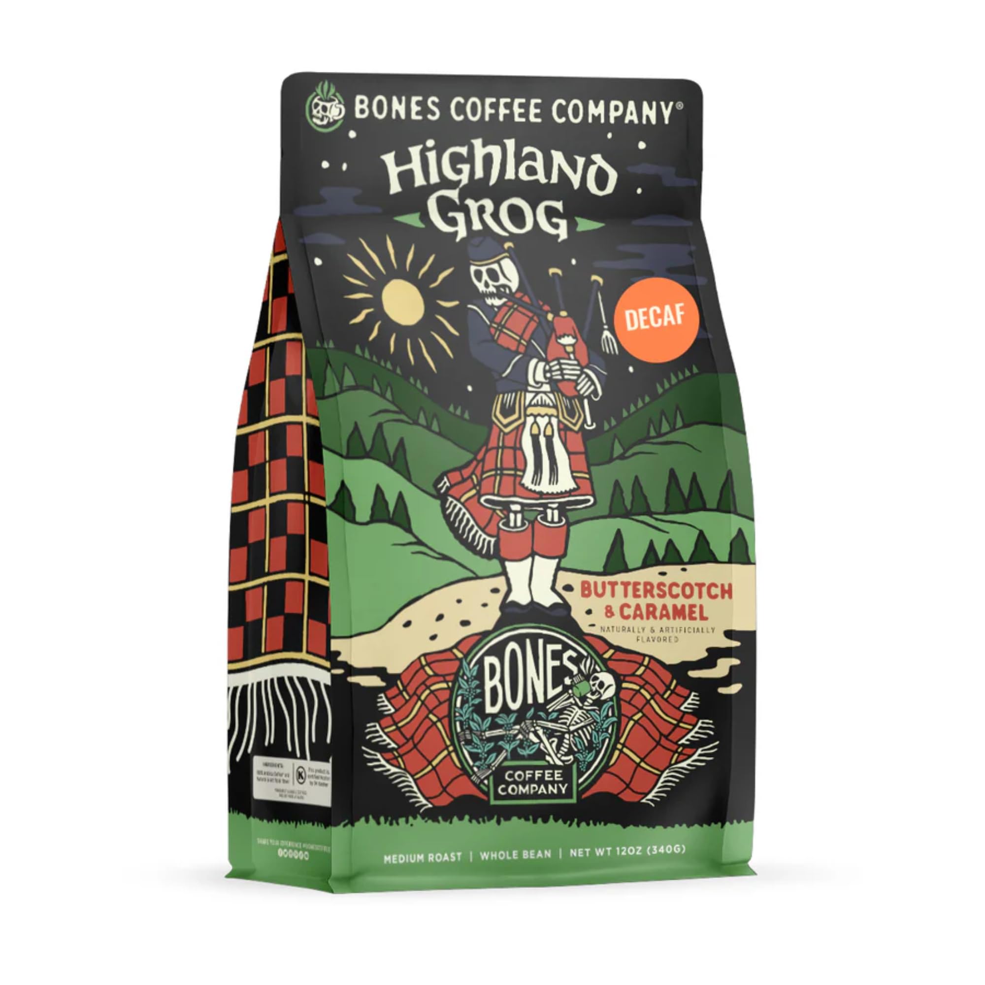 Bones Coffee Company Decaf Highland Grog, Butterscotch Caramel Decaffeinated Flavored Coffee, Medium Roast Low Acid Arabica Beans For Auto drip and French Press Coffee Maker, 12 Oz Ground