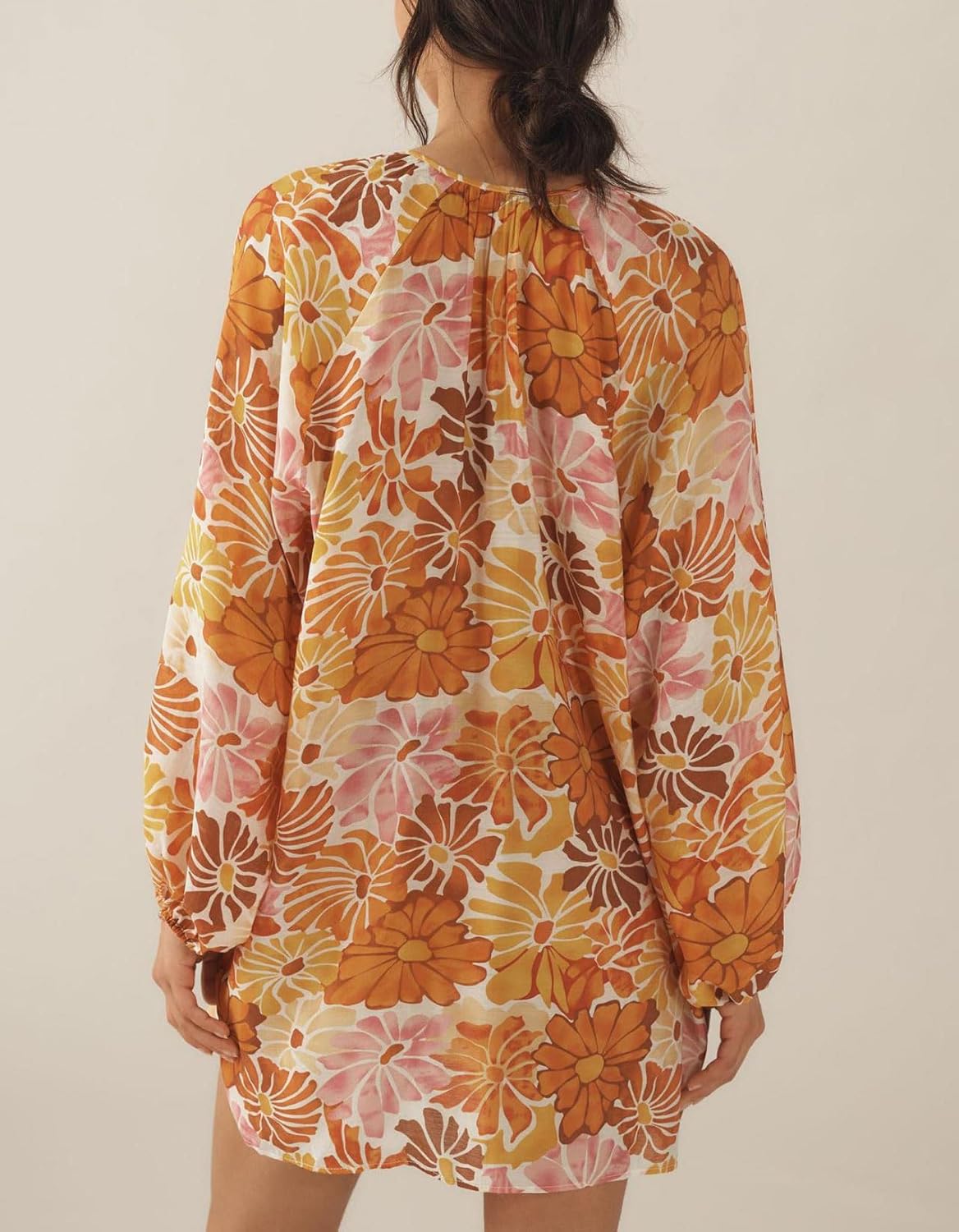 Boho Floral Tunic Dress for Women Long Sleeve Loose Fit Summer Vacation Cover Up Short Dress - Image 3