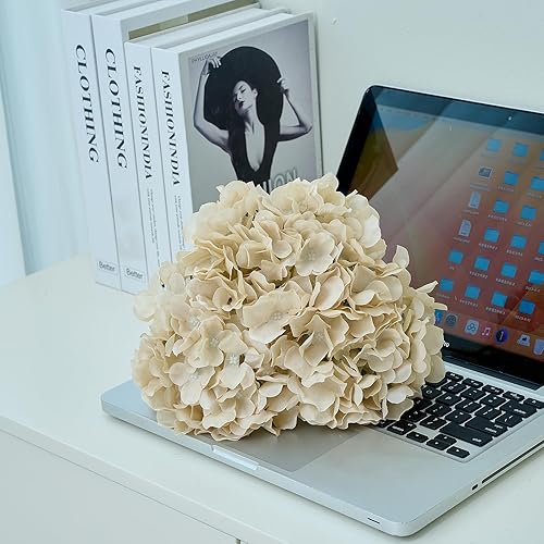Miniatura 3 de 10 piezas de flores artificiales de hortensia beige, cabezas de flores de seda falsas, flores de seda completas con tallos para decoración de boda,