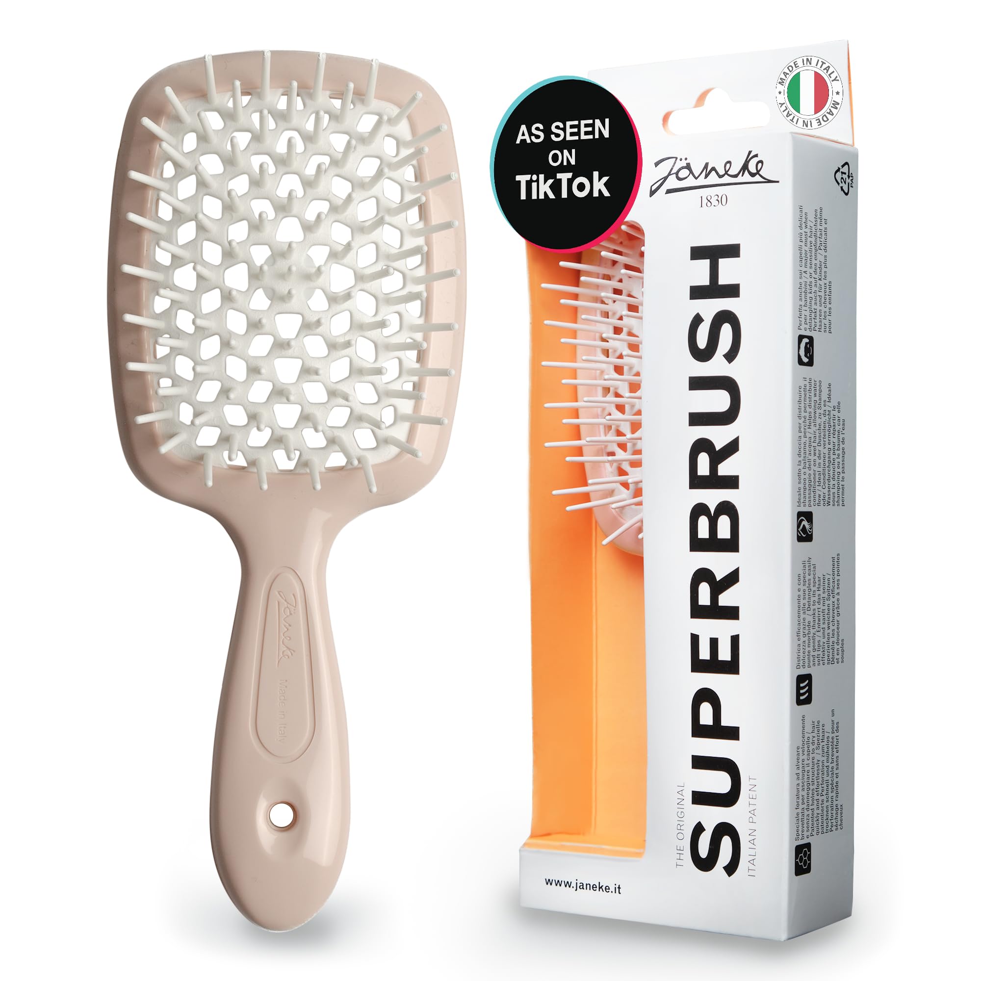 Jäneke Superbrush Detangler Brush Anti-static Hairbrush Easy For Wet or Dry Use Flexible with Nylon Bristle Great for All Hair Types - Long Thick Curly -The Original Italian Patent (Nude)