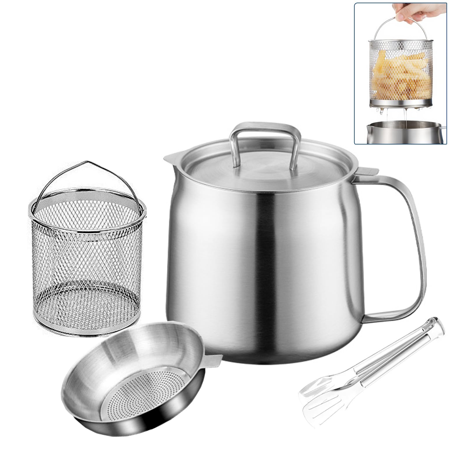Friggitrice con cestello e filtraggio dell'olio, in acciaio inossidabile 304, 2 l, risparmio di grasso per pancetta con colino, pentola per friggitrice con cestello, contenitore per grasso per