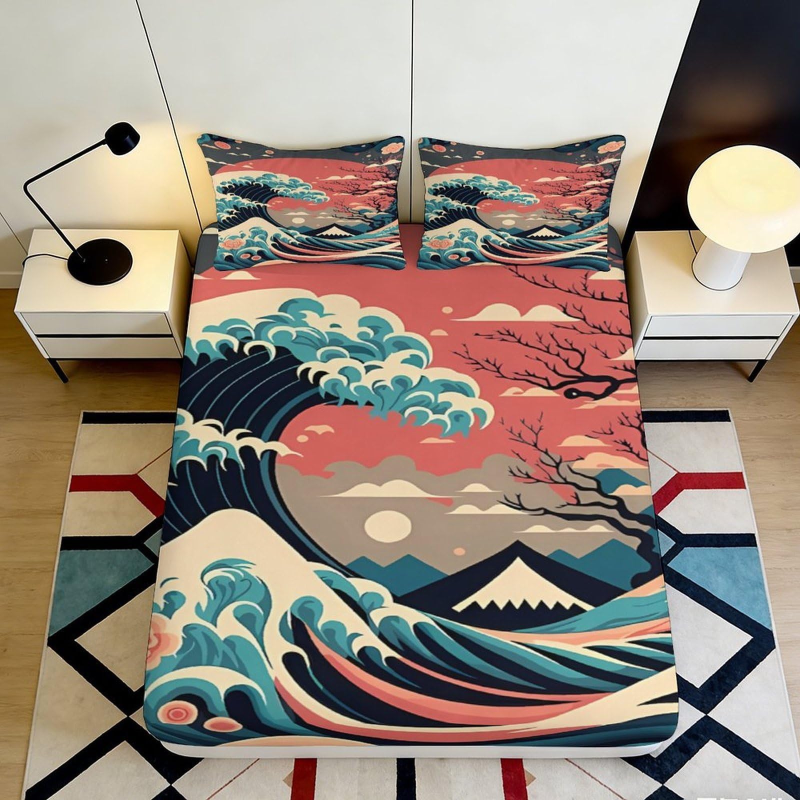 3D Printed Great Wave Sunset Fitted Sheet Microfiber Soft Breathable Mount Fuji Bed Cover for Bedroom Dorm Decor 120x200x25cm