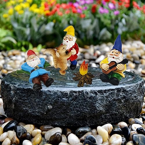 Miniatura 5 de 4 piezas de gnomos de jardín en miniatura de baile, accesorios de gnomos de jardín de hadas, fogata, pequeño gnomo al aire libre, estatua pequeña,