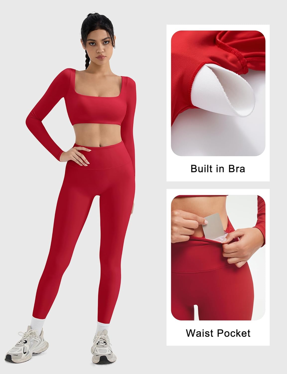 SUUKSESS Women 2 Piece Workout Sets Compression Tummy Control Leggings with Pockets Long Sleeve Square Neck Padded Crop Tops - Image 2