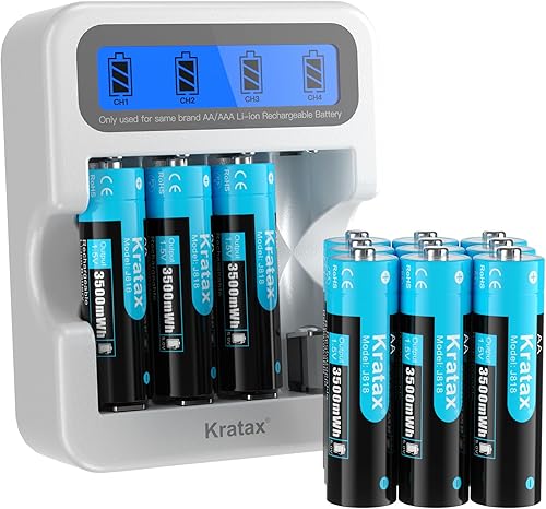 Miniatura 9 de Kratax Baterías recargables de litio AA de 1.5 V, paquete de 12 baterías de iones de litio de alta capacidad de 3500 mWh, 1600 ciclos, larga