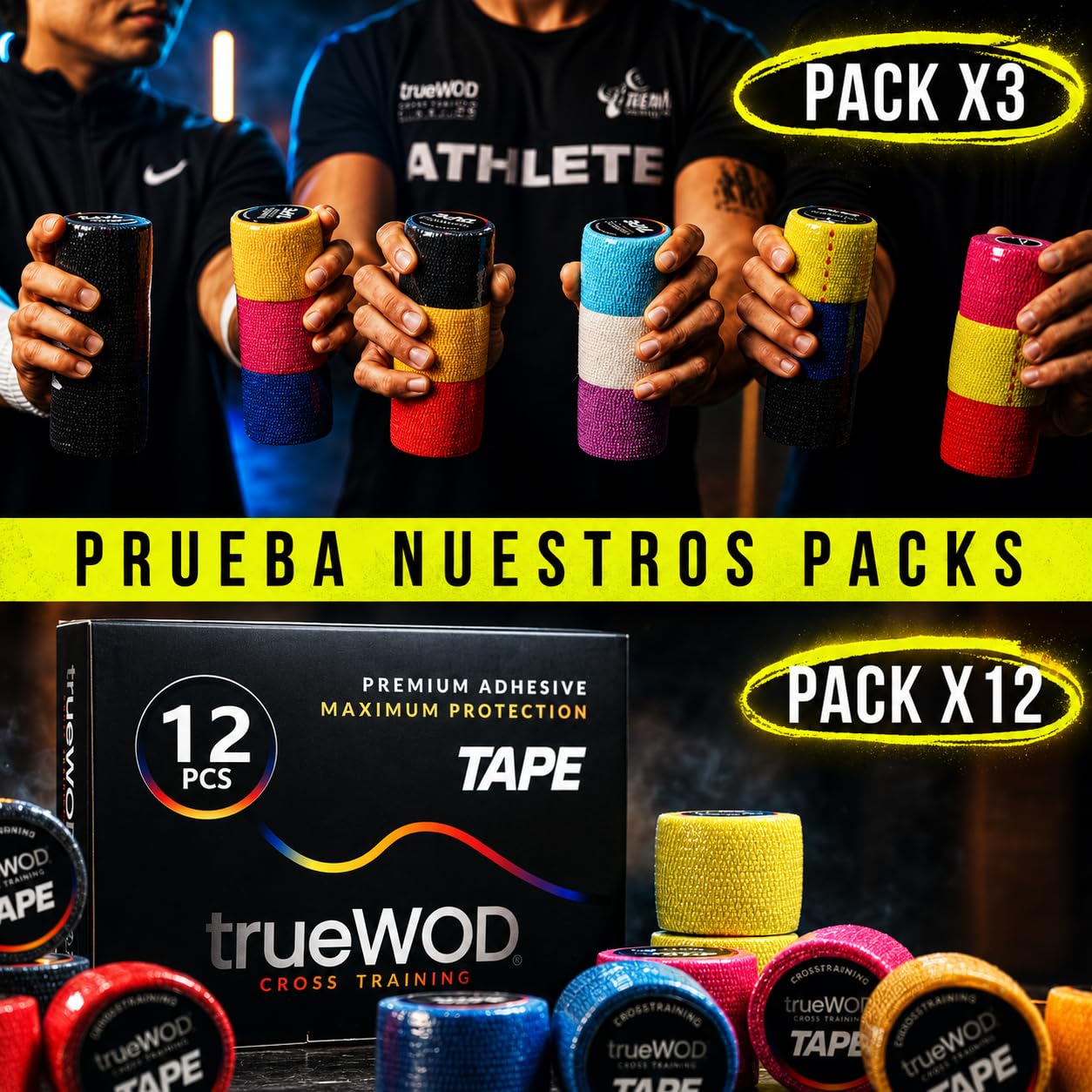 trueWOD Tape Crossfit Dedos Cinta Adhesiva Flexible Hook Grip Tape Athletic Esparadrapo Deportivo Accesorios Crossfit Mujer Hombre Halterofilia - 12 Rollos de 4.5m x 5cm Multicolor