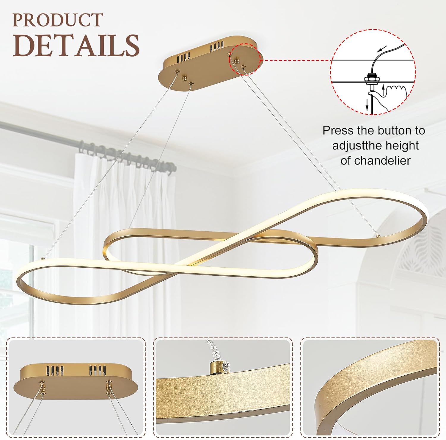 Modern LED Chandelier Gold Dimmable LED Pendant Light for Dining Room Light Fixture Over Table Modern Kitchen Island Lighting High Ceiling with Remote for Living Room(42 Inch, 3000K-6500K)