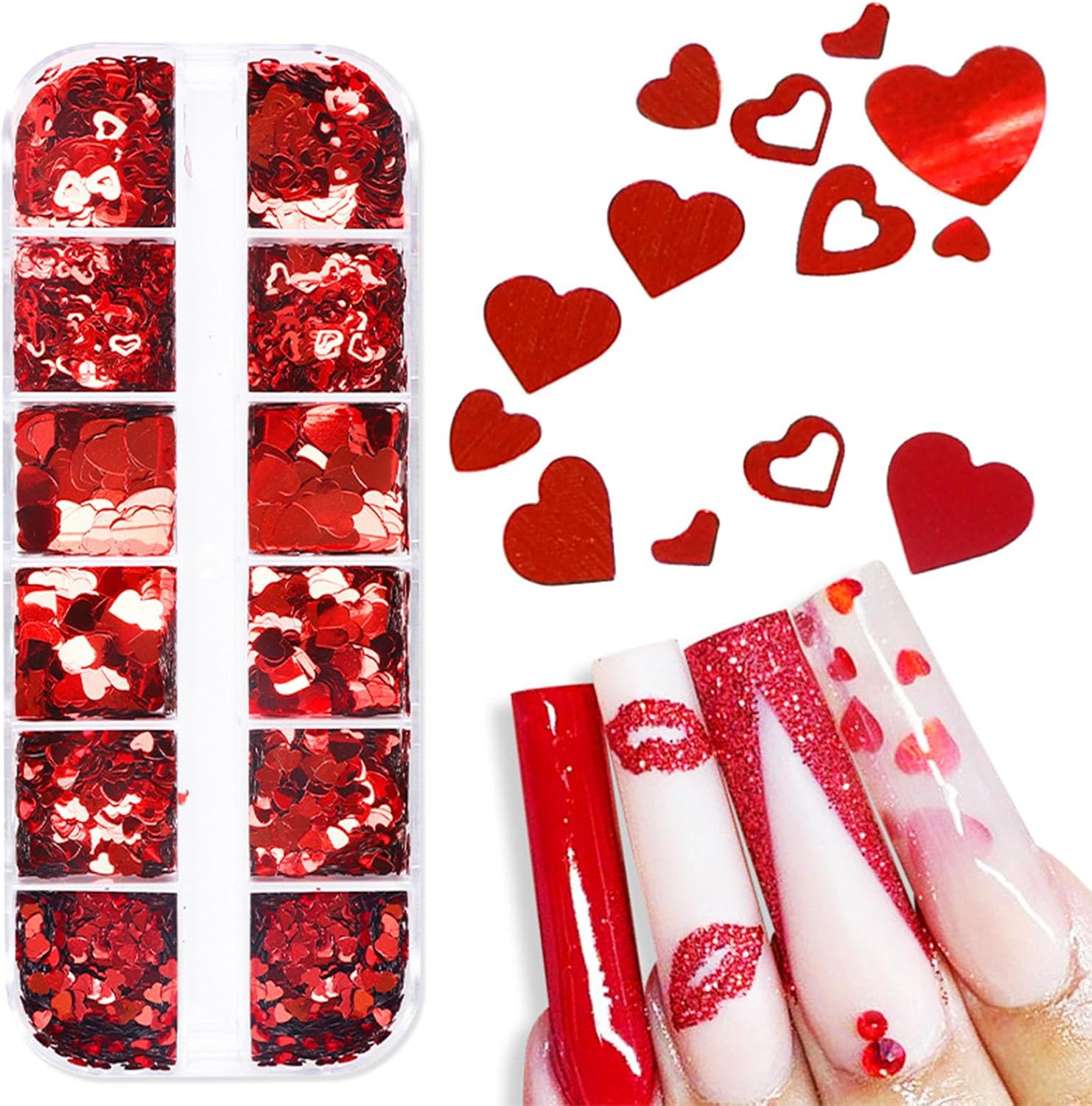 12Grids Red Heart Nail Glitter Sequins 3D Heart Nail Art Stickers Decals Valentines Glitter for Nails Design Love Nail Flakes Valentines Day Nail Art Glitters Sparkle Acrylic Nail Decorations