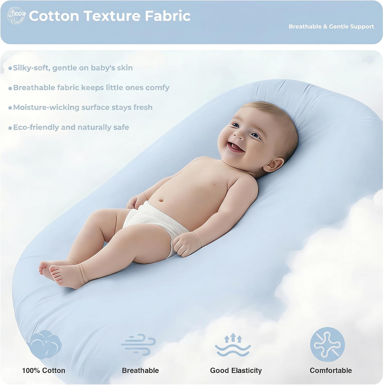 Infant Support Cushion - Baby Lounger for Newborn, 0-24 Months, Breathable Cotton Fabric Infant Support Cushion, Portable Newborn Essentials for Home and Travel, ZumaBlue (Cover Included)