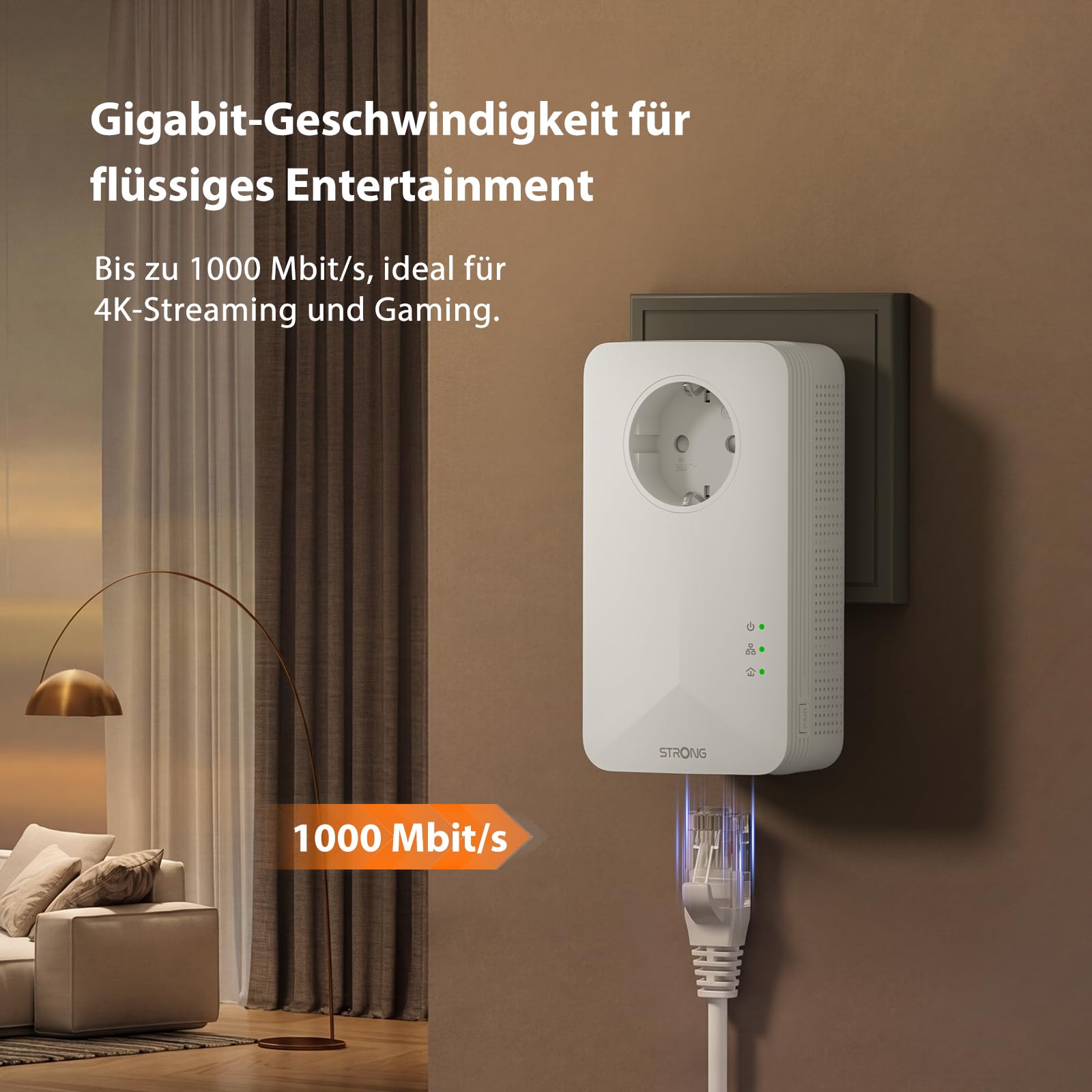 STRONG AV1000Mbit/s Powerline Adapter Set, HomePlug AV2 Powerline Internet Erweiterung, Plug & Play, EIN Knopf Sicherheit, Energiesparmodus, Gigabit LAN Ports, ideal für TV, PC, Gaming Konsole