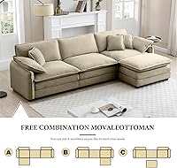 Vista 8 de Sofás seccionales grandes de 115.34" para sala de estar, sofá de pana color camel de asiento profundo de 3 plazas en forma de L, sofá seccional