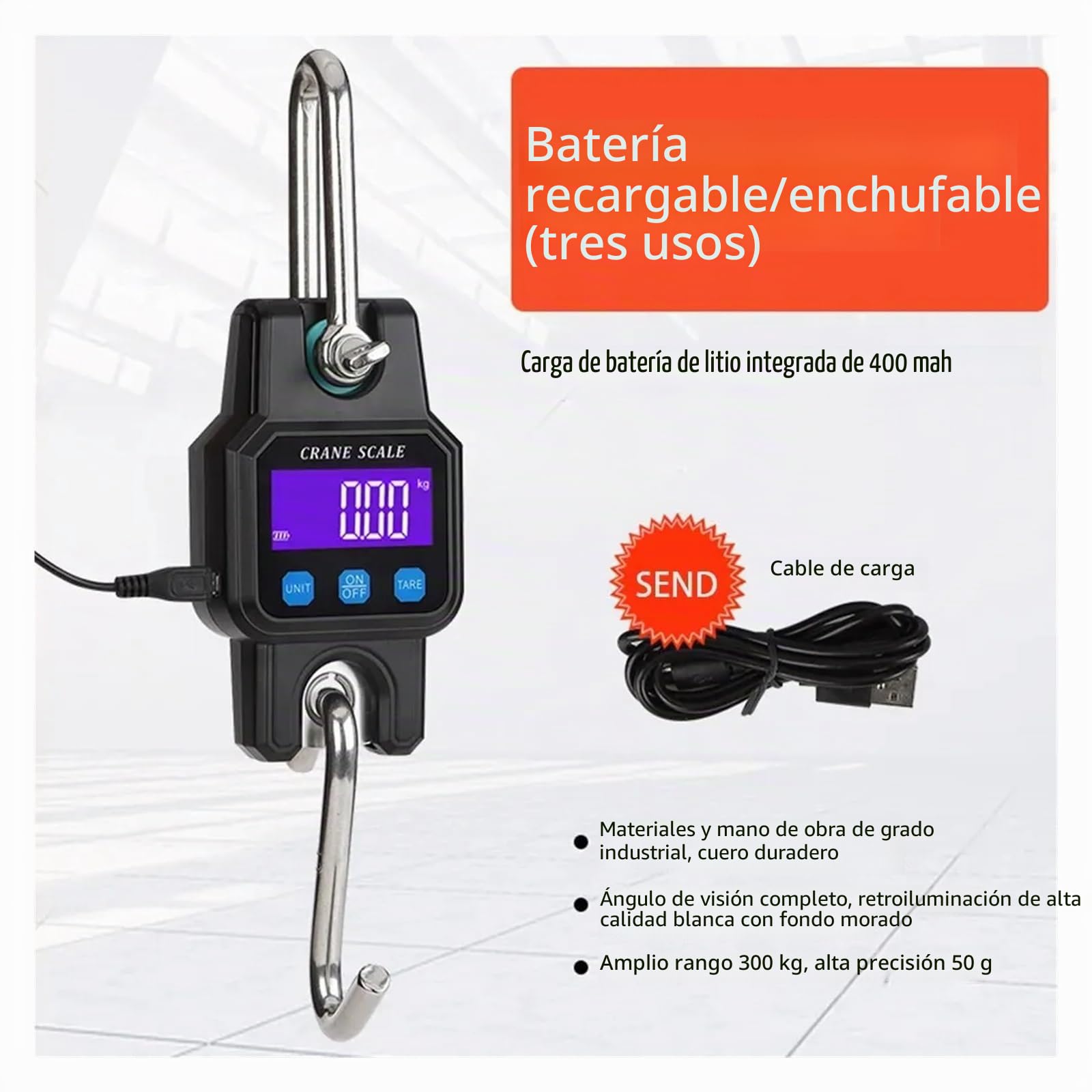 Escala colgante, Báscula electrónica portátil con gancho, báscula colgante, báscula de elevación mini con carga Bluetooth for uso doméstico Pantalla de alta definición(Black with BT)