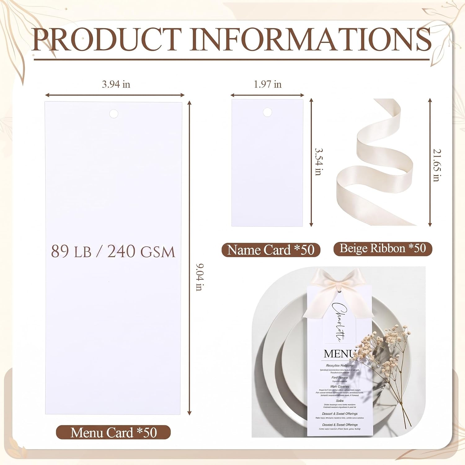 50 Sets Wedding Menu and Place Cards 4x9" Blank with Ribbon