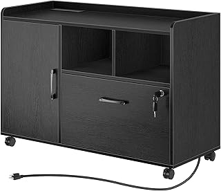 Rolanstar File Cabinet with Charging Station, Mobile Lateral Filing Cabinet with Locking Drawer, Printer Stand with Open Storage Shelf with Wheels, for Letter/Legal/A4 Size Files,Black