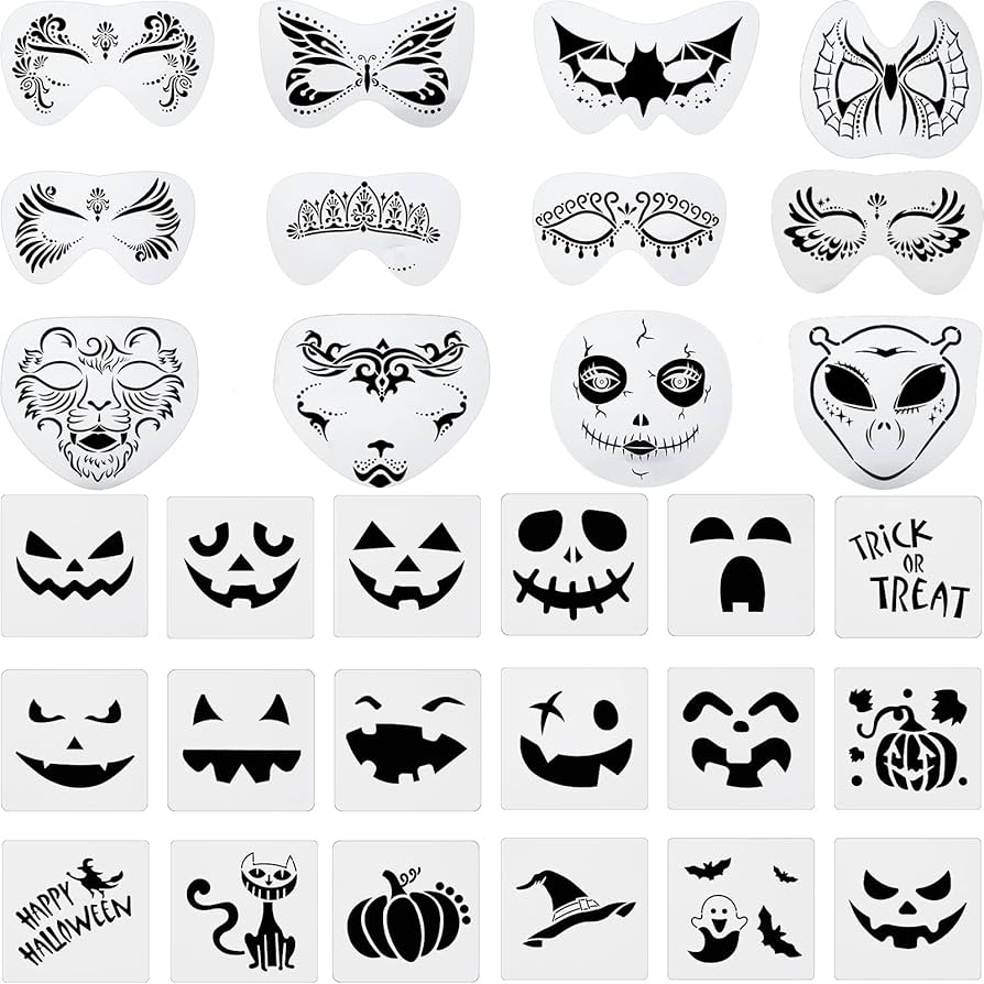 Amazon.com: 40 Pieces Halloween Face Stencils Kit 12 Pieces Reusable Large Face Paint Stencils Body Painting Template 18 Pieces Halloween Tattoo Stencils 10 Pieces Painting Brushes for Kid Adult Halloween Party :