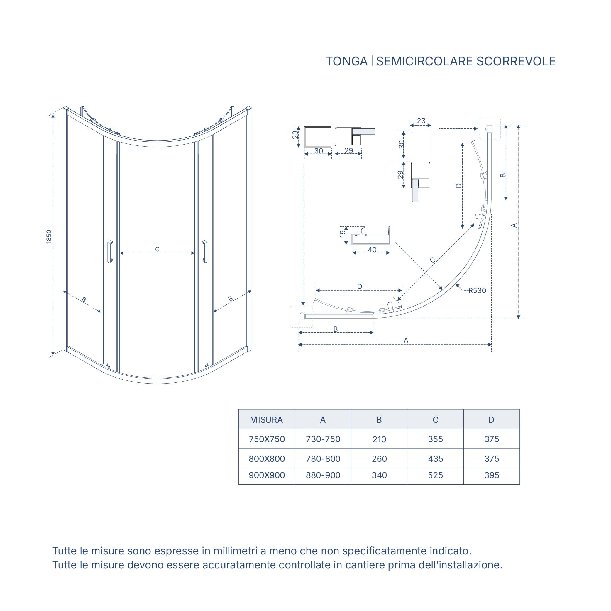 Box Doccia Semicircolare Vetro Temperato 6mm h185cm Profili Cromati modello Tonga (Vetro Trasparente, 75x75cm)