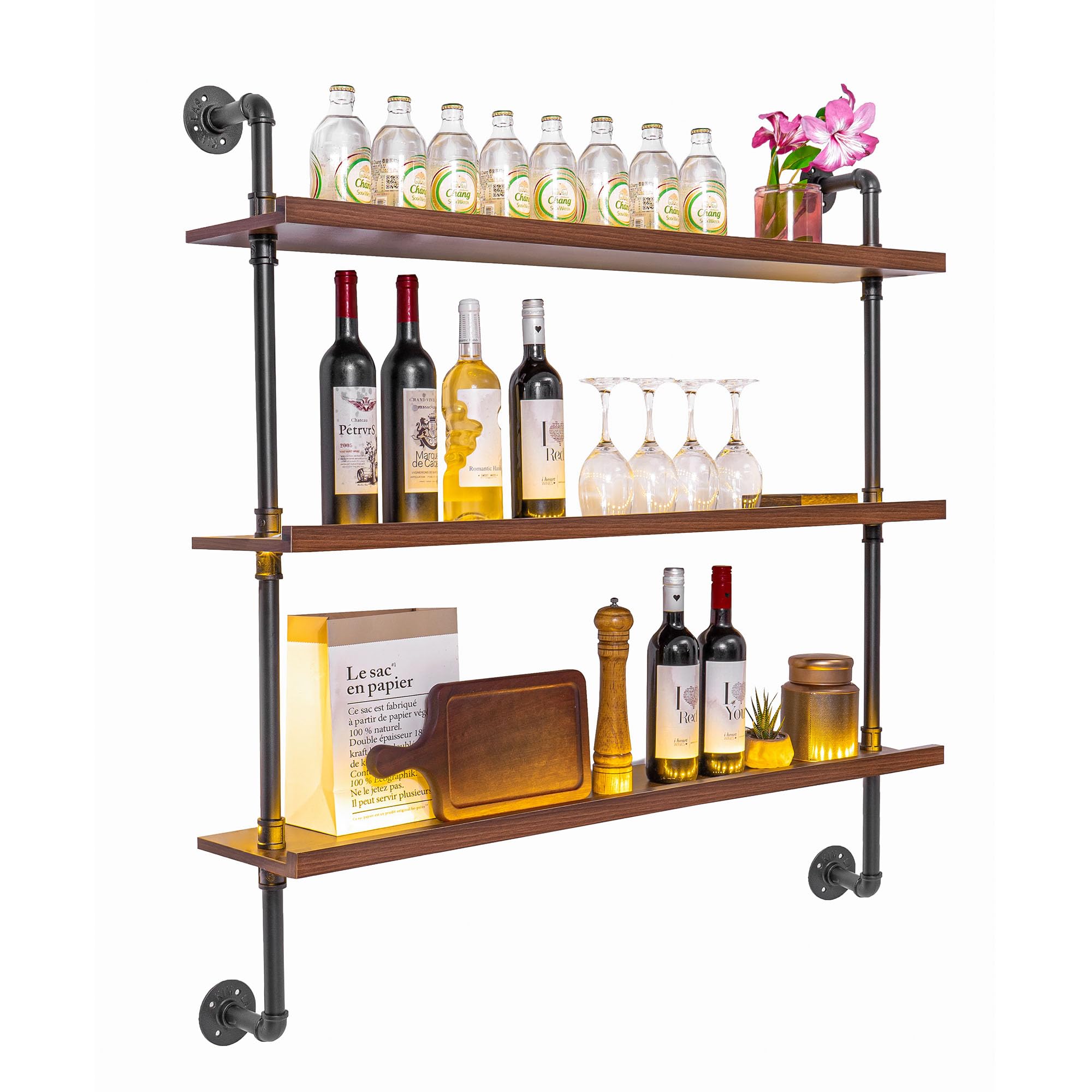 120 cm Porte-bouteilles De Vin Mural LED à 3 Niveaux, Étagère Murale Bar Style Industriel en Bois et Métal avec Éclairage LED, Casier a Vin Mural Porte Bouteille pour Cuisine, Salon, Bar & Restaurant
