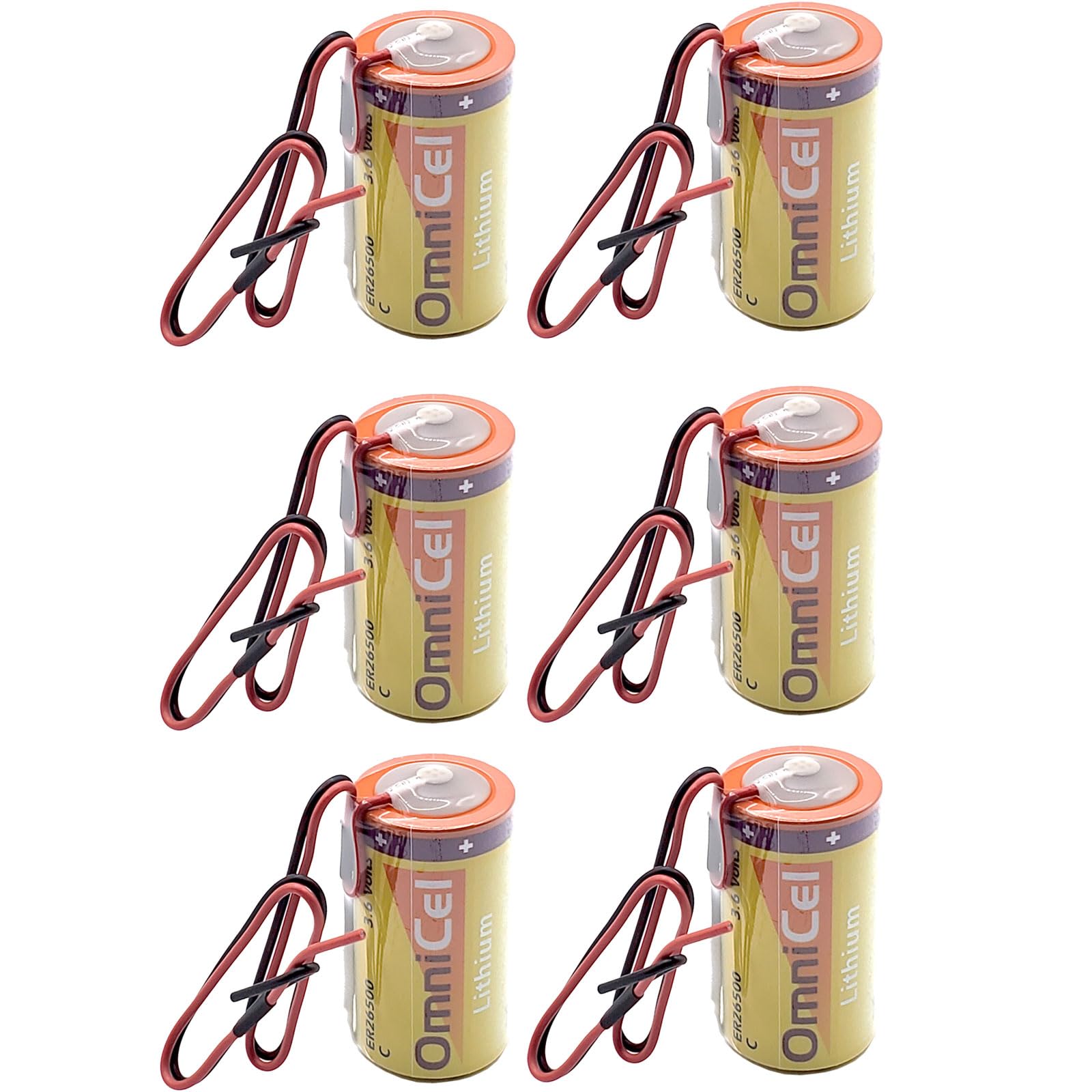 6x OmniCel ER26500 3.6V 8.5Ah Size C Lithium Battery with Wire Leads For Smoke Alarms, Carbon Monoxide Detectors, Intrusion Sensors, Fleet Monitoring, Theft Prevention, Locator Beacons