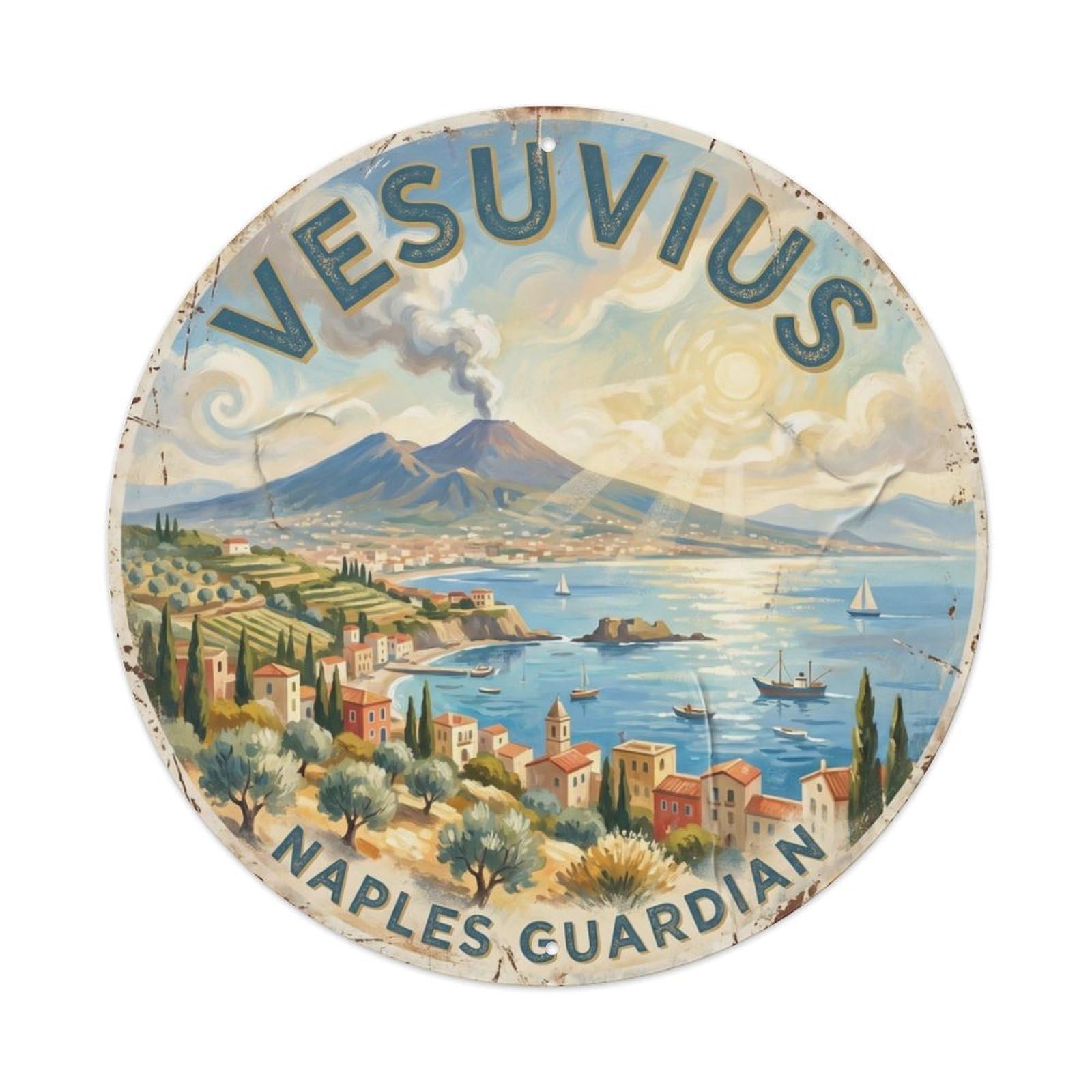 Vintage Travel Vesuvius Italy Volcano Metal Tin Sign Plaque Wall Decor for Cafe, Club Bar, Office, Home Garden Round Metal Poster 8x8Inch