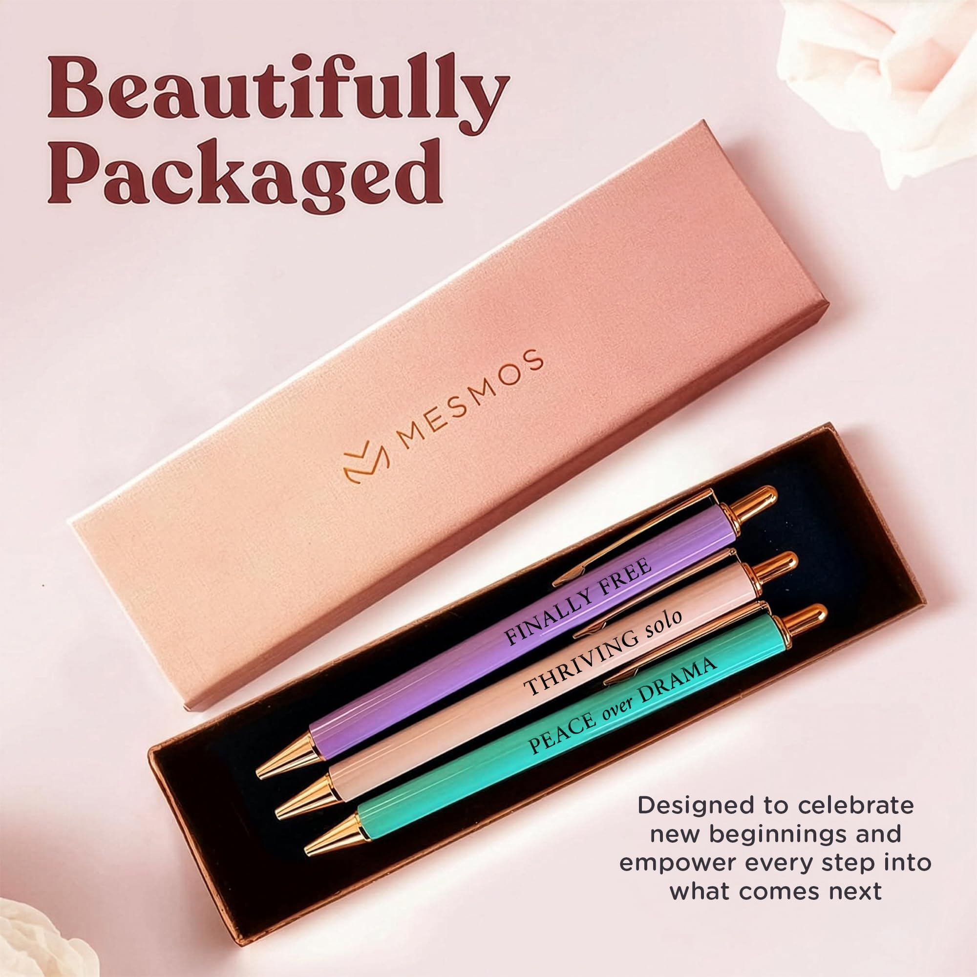 MESMOS 3pcs High End Luxury Happy Divorce Gifts for Women, Strong Woman Gifts, Gift to Cheer Someone up Women, Break up Gift for woman, Boss, & Friends. German-Ink & 1mm Swiss-Tip Motivational Pens