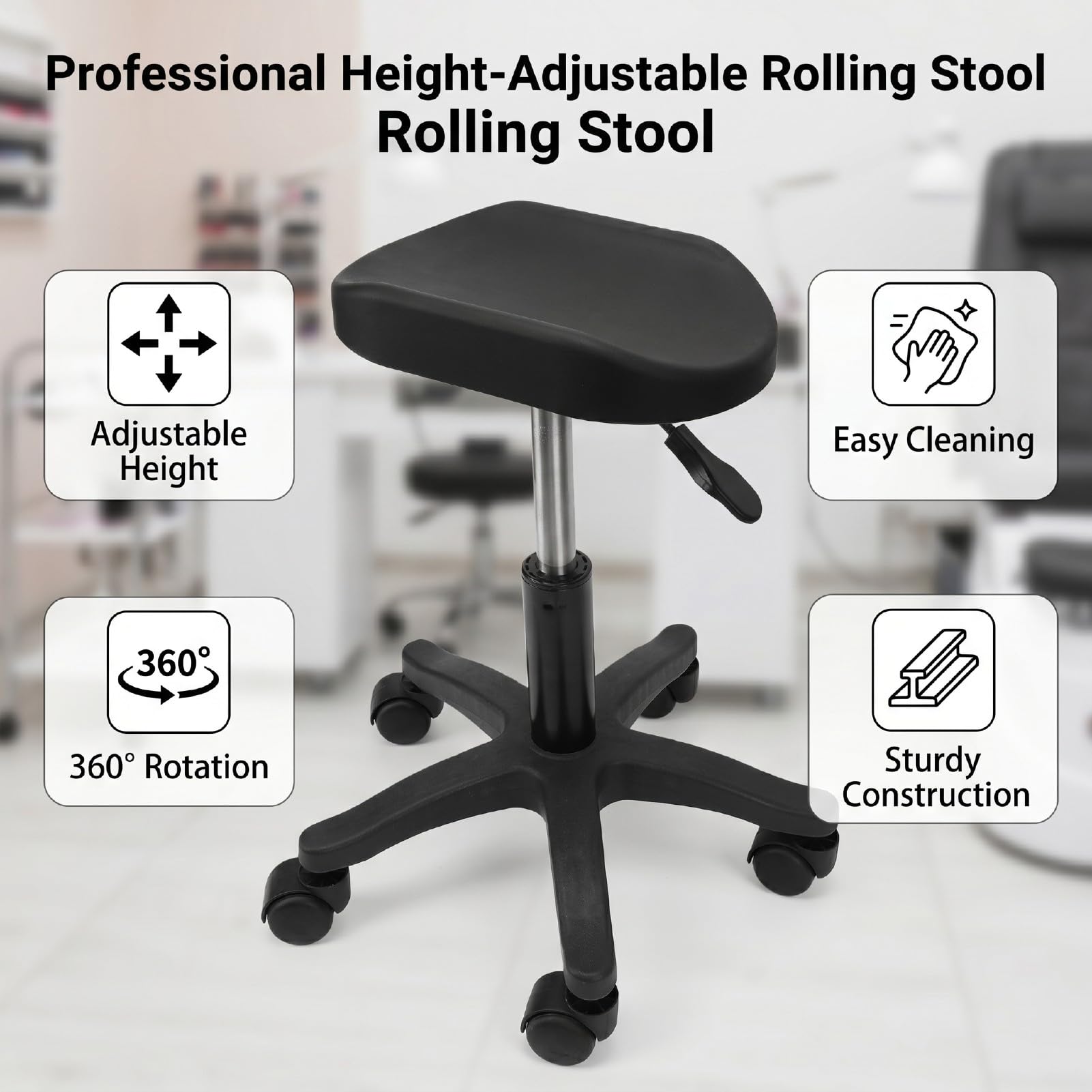 Brrnoo Sgabello per Pedicure con Rotelle Regolabile Sedia Girevole per Unghie a 360 Gradi Altezza 16,54-20,47 Pollici ABS in Acciaio Inossidabile per Uso Domestico in Salone