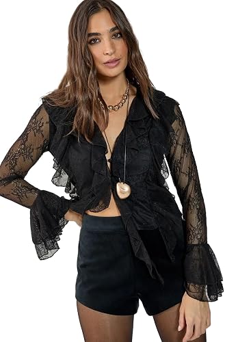 Nasty Gal Lace Ruffle Sheer Blouse Black