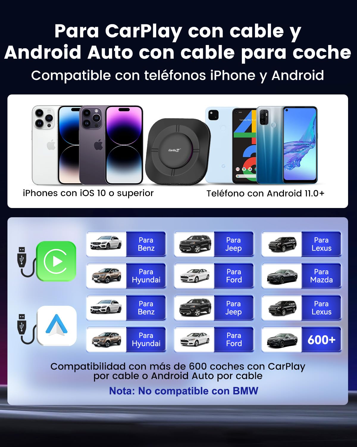 CarlinKit Aibox-Plus Adaptador Android 13.0, sistema autónomo 8+128G, CarPlay inalámbrico y Android Auto, caja multimedia 3 en 1 para coche con CarPlay con cable