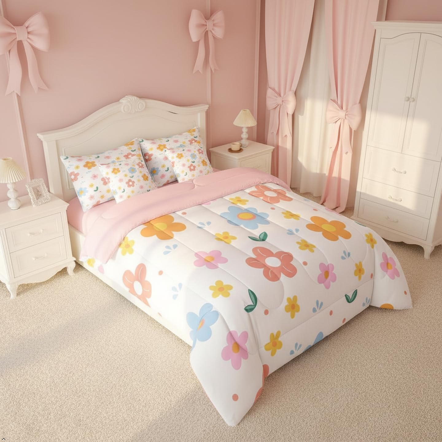 Erosebridal 7 Piece Cute Flower Comforter Sets with Sheets, Pink Floral Bedding Set for Boys Sweet Girls Botanical Bed in A Bag Colorful Flowers Bed Set Full Size