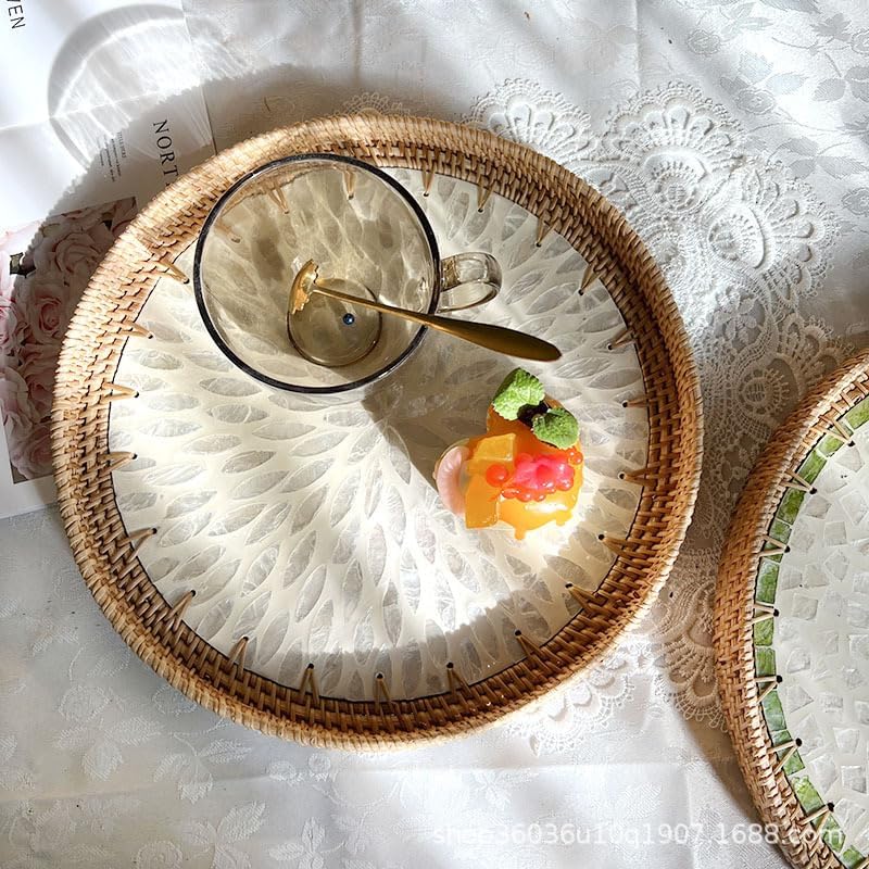 Miniatura 4 de Mesa auxiliar de ratánmesa auxiliar redonda para espacios pequeños, hojas blancas pequeñas