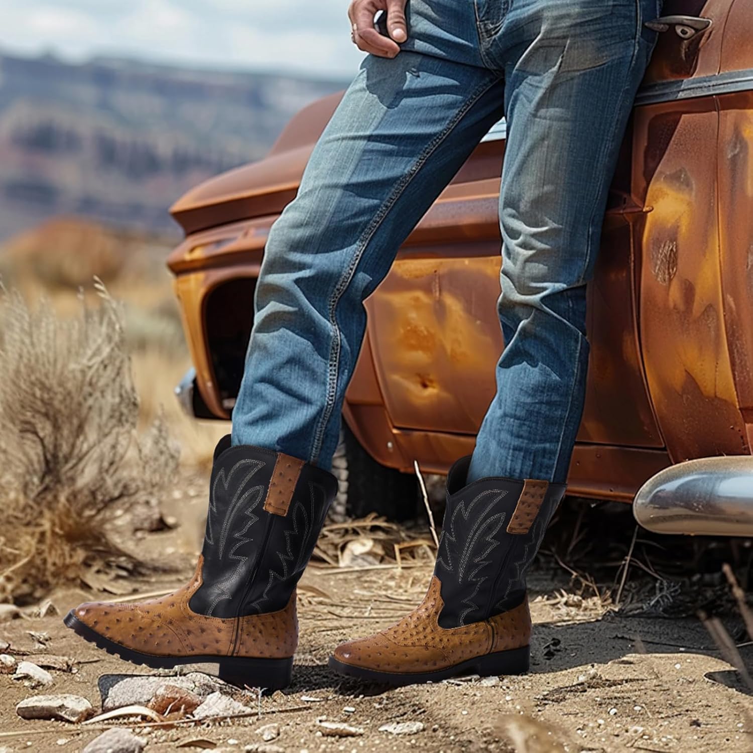 Rollda Cowboy Boots for Men Western Boots Men's Square Toe Chunky Heel Mid-Calf Boots Classic Embroidered Pull On Boots