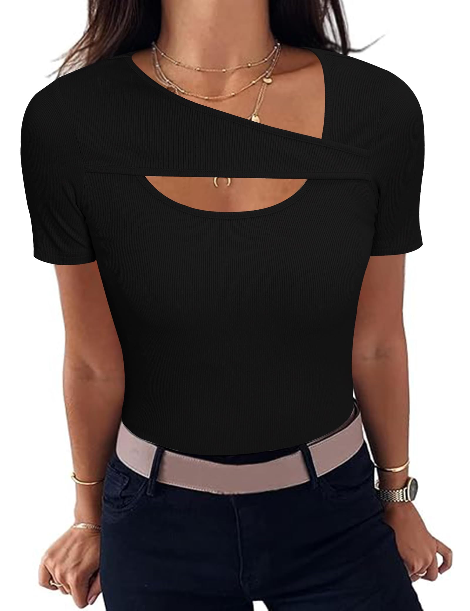 Aottori Damen T-Shirt Asymmetrischer Ausschnitt Sommer Oberteile Kurzarm Gerippt Basic Tee Shirts Elegant Slim Fit Tshirt Stretch Casual Tops Einfarbig