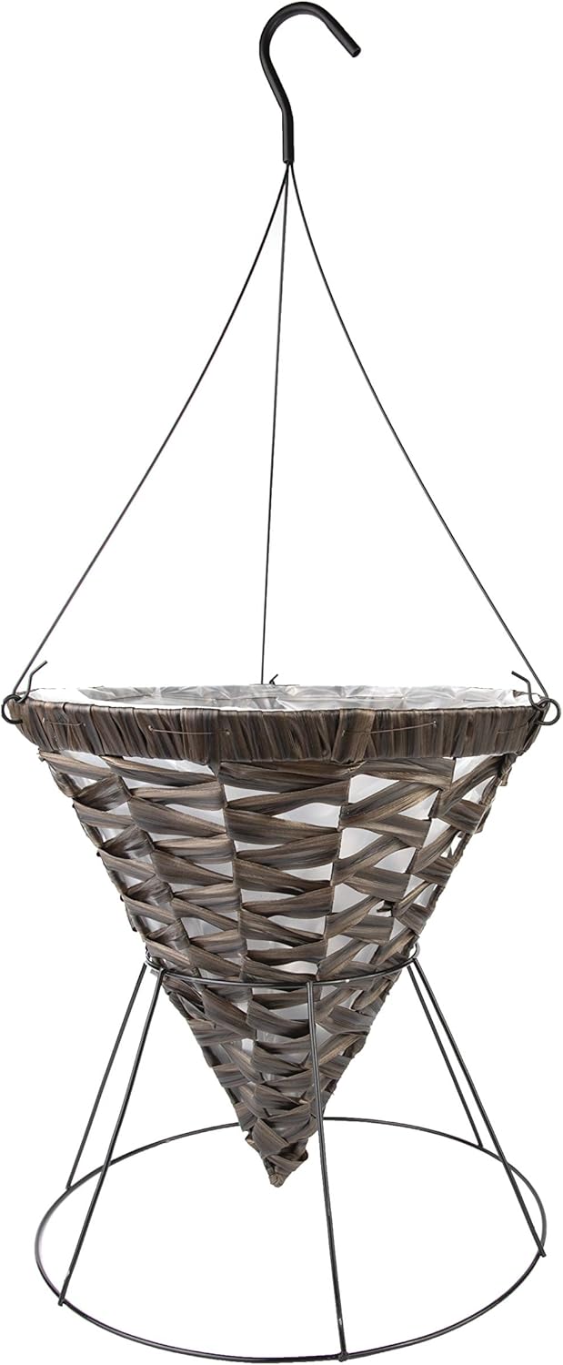 Gardener Select 14" Woven Plastic Wicker Hanging Basket Cone with Stand - Coffee Wicker
