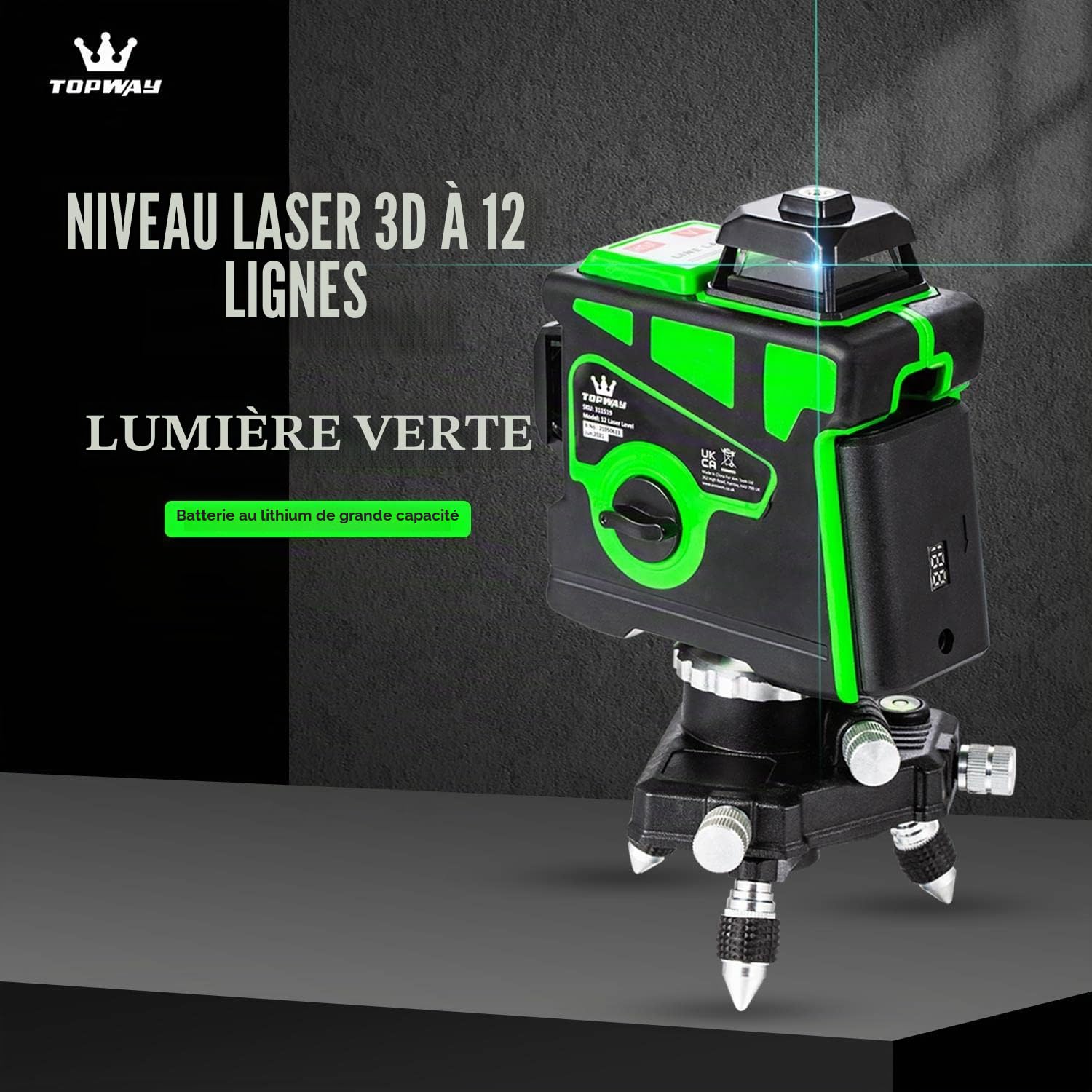 TOPWAY Niveau Laser 3D 12 Lignes, 3x360 Degrés Ligne Croix Verte Outil Laser Autonivelant pour Sol avec Mode Impulsion et Verrouillage Pendulaire pour Intérieur et Extérieur, 1 Pile incluse