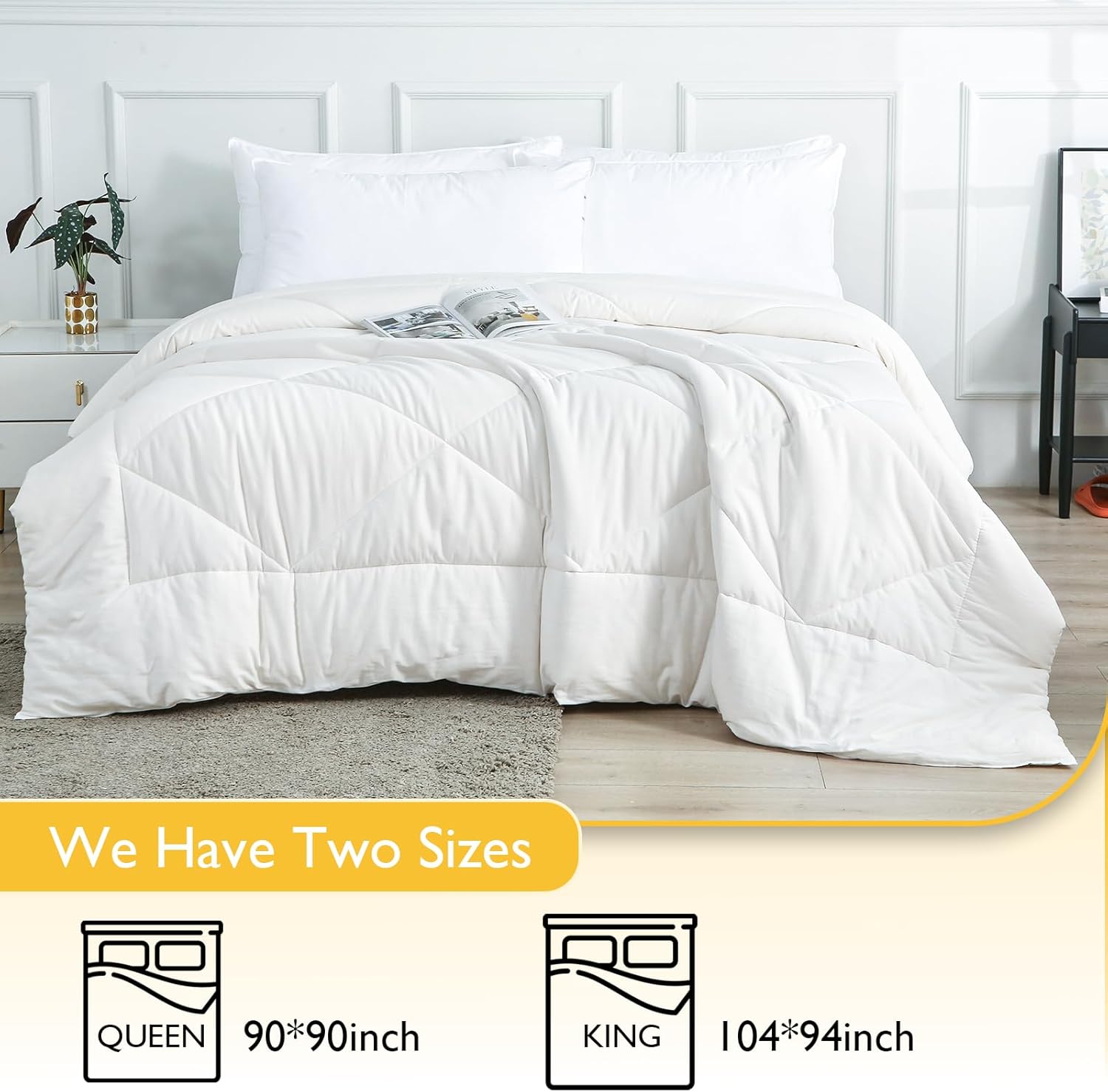 100% Cotton Filled Comforter, Premium Upgraded Cotton Bed Quilt Suitable for All Seasons, Comfortable Soft Noise-Free, Breathable and Fluffy, Queen, White | 100% Cotton, All Seasons, Breathable Fluffy, Soft Noise-Free