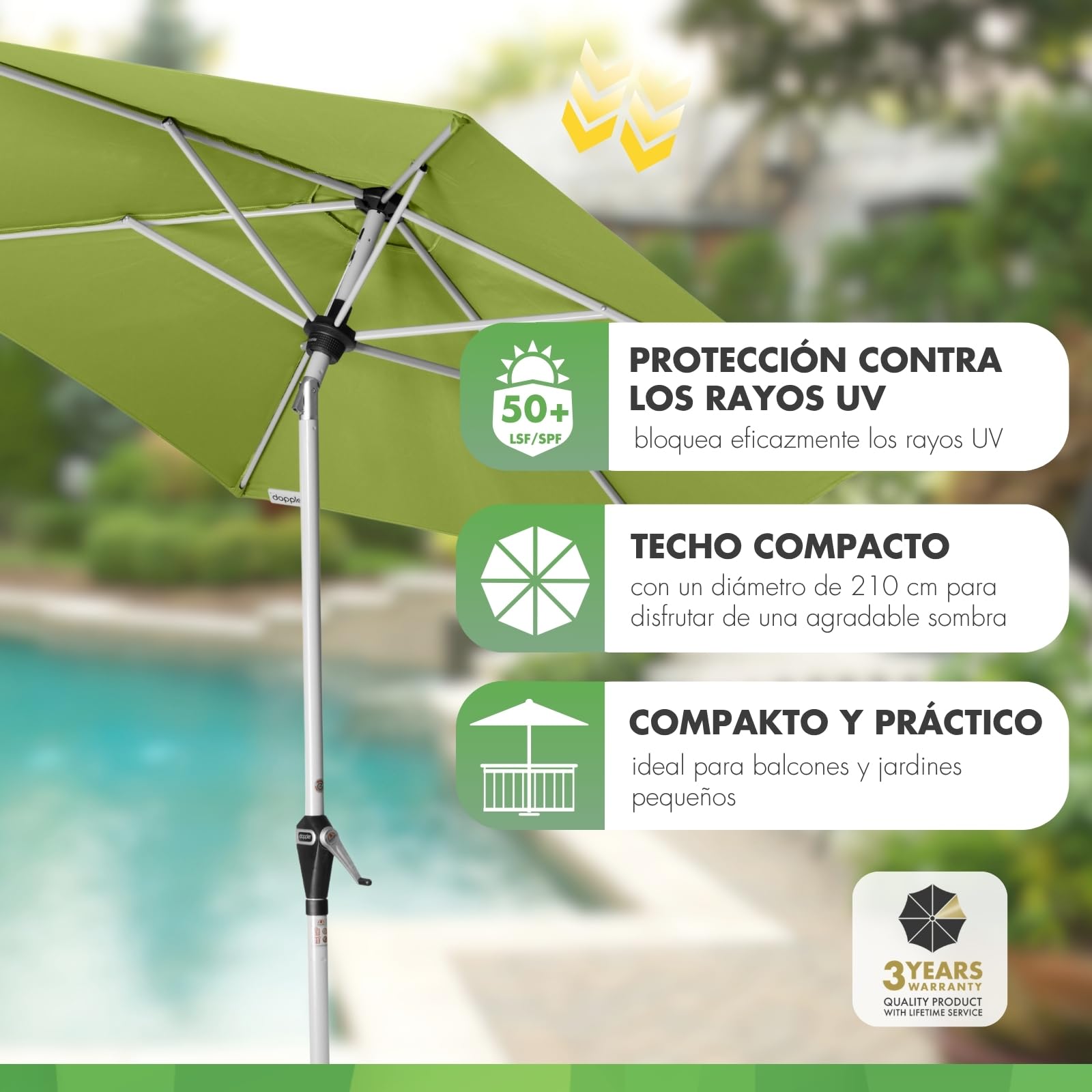 Doppler Sombrilla de jardín Active Auto Tilt Ø 210 cm: manivela con inclinación automática, plegable, protección UV FPS 50+, poliéster resistente a la intemperie, estructura de acero en color plata