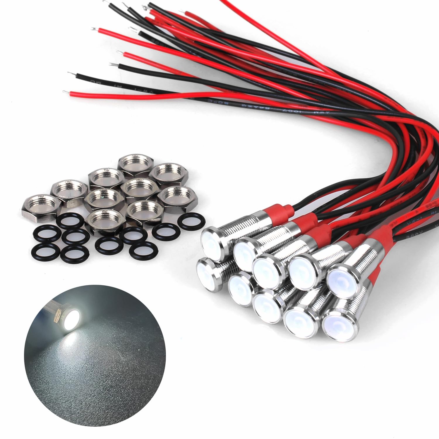 DMWD 10Pcs 6mm (1/4") 12V-24V AC/DC 20mA Meatl LED Indicator Light Wide Flat Head Waterproof Signal Lamp Pilot Dash Directional with Wire （White LED