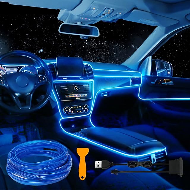 EL Wire Car LED Interior Strip Light, USB Neon Wire Lights with 6mm Sewing Edge - 197 inches Glowing Electroluminescent (EL) Wire, Ambient Lighting Kit Car Decorations Interior (5M/16.5FT, Blue)