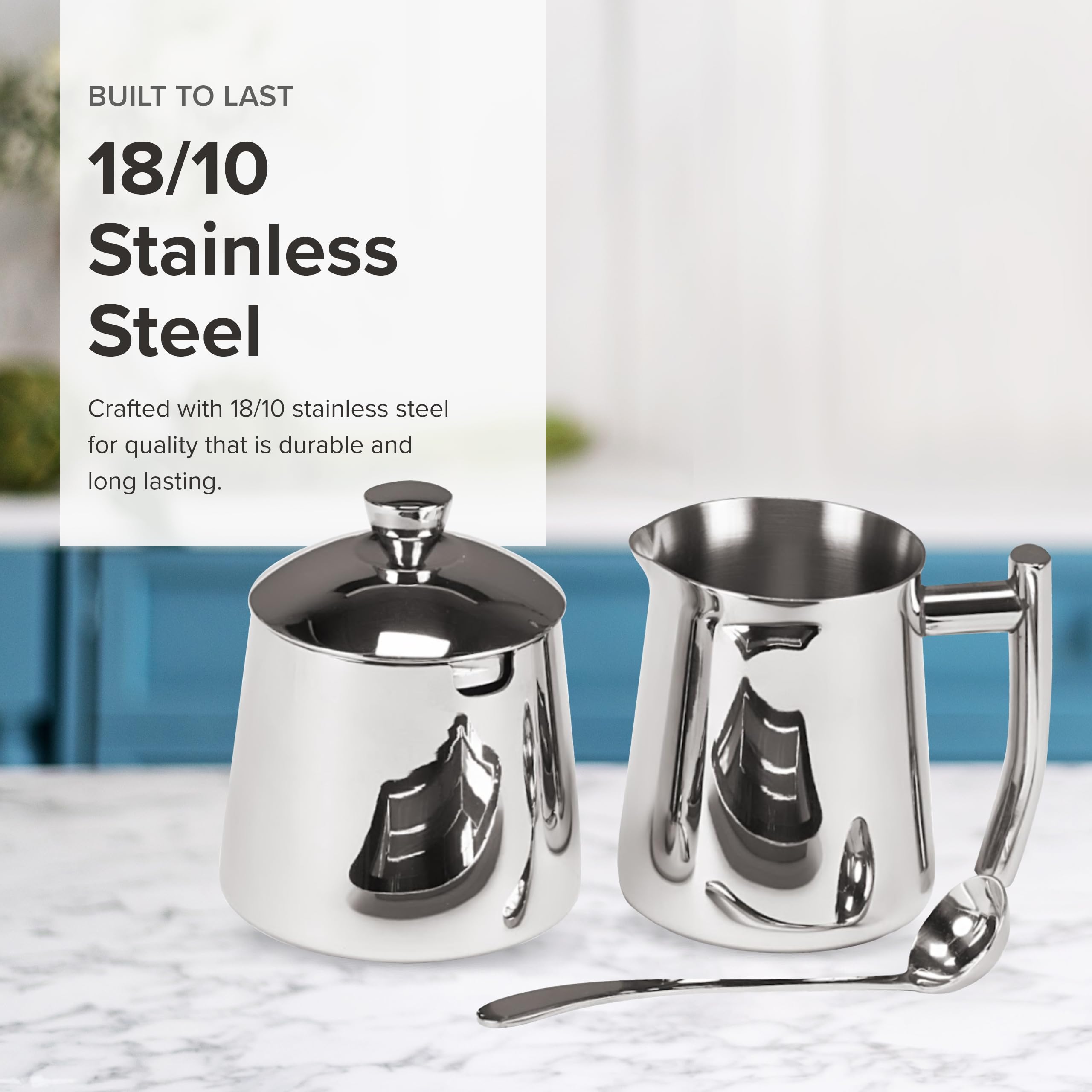 Frieling USA - Juego de azúcar y crema de acero inoxidable 18/10, accesorios para café y té con jarra de metal de 10 onzas y azucarero con tapa
