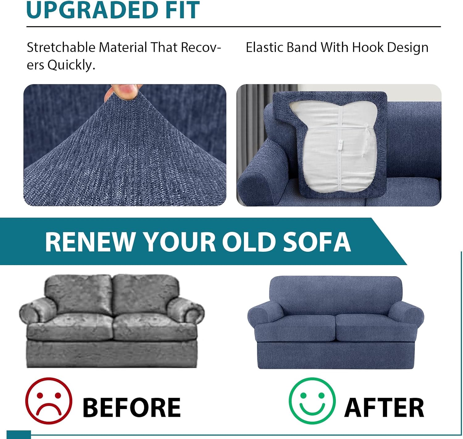 T Cushion Loveseat Slipcover 3 Pieces Sofa Covers for T Cushion Sofa Stretch Slip Covers for 2 Cushion Couch with 2 Individual T Shape Seat Covers (Blue Gray, 2 Cushion)
