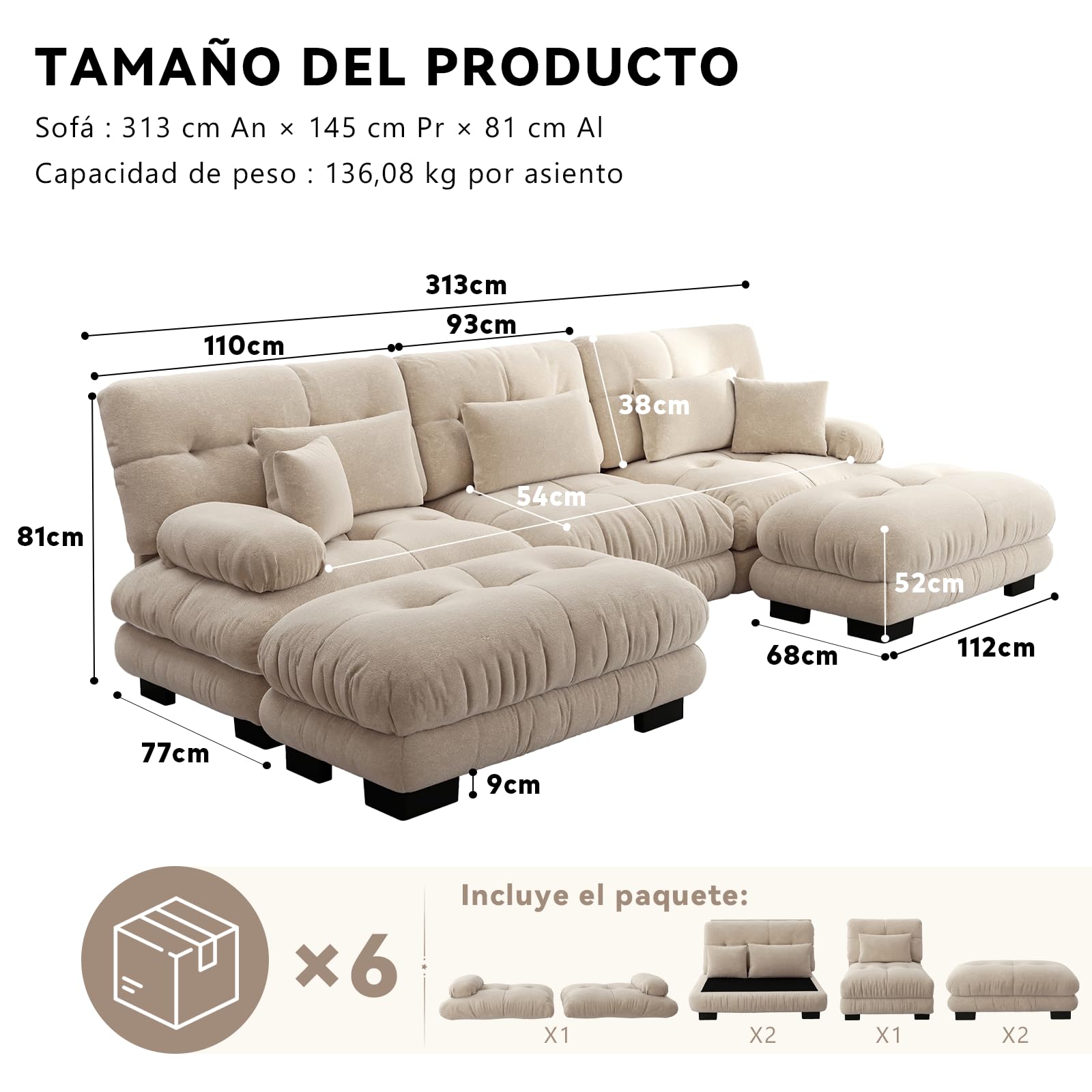 Sofá Modular 3 Plazas 313 cm con 2 Reposapiés, Modular en Forma de U, Tela Chenille, Estructura de Madera, Color Café Claro