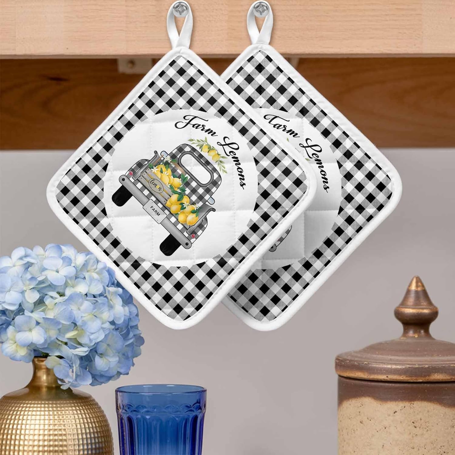 5 Pack Pot Holders for Kitchen, Summer Lemon Hot Pads for Kitchen Countertops Oven Pot Holder Bulk, Watercolor Truck Black Plaid Checkered Heat Insulation Potholders with Hanging Loops